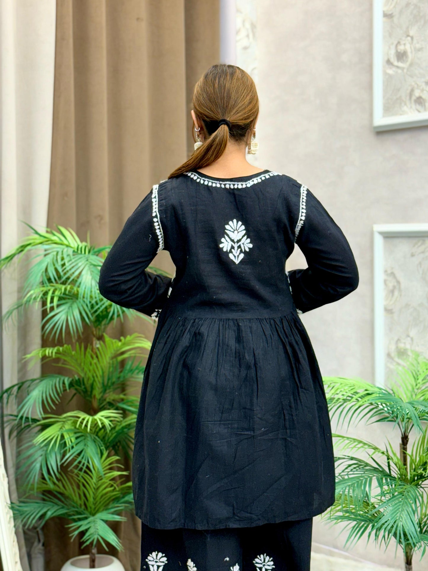 Black cotton Lucknow Chikankari kurta and palazzo set with white embroidery