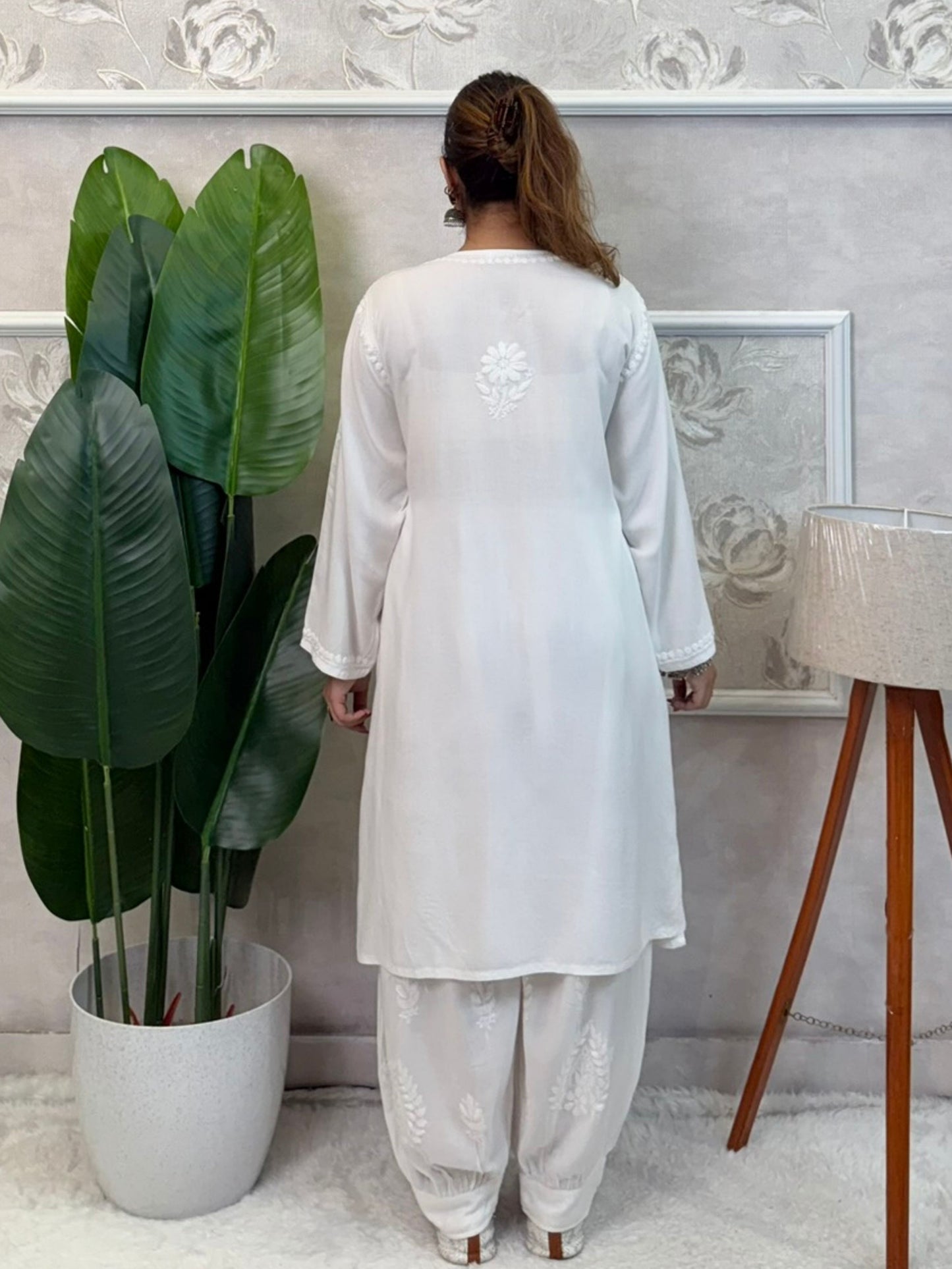 White dyable rayon chikankari kurta and Afghani pant set with hand embroidery