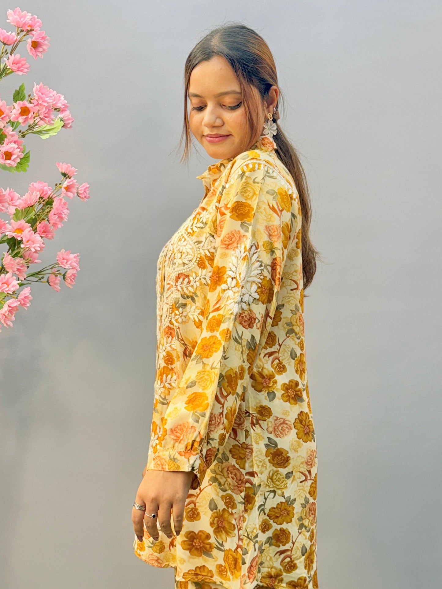 Printed Mustard Rayon Chikankari Co-ord Set