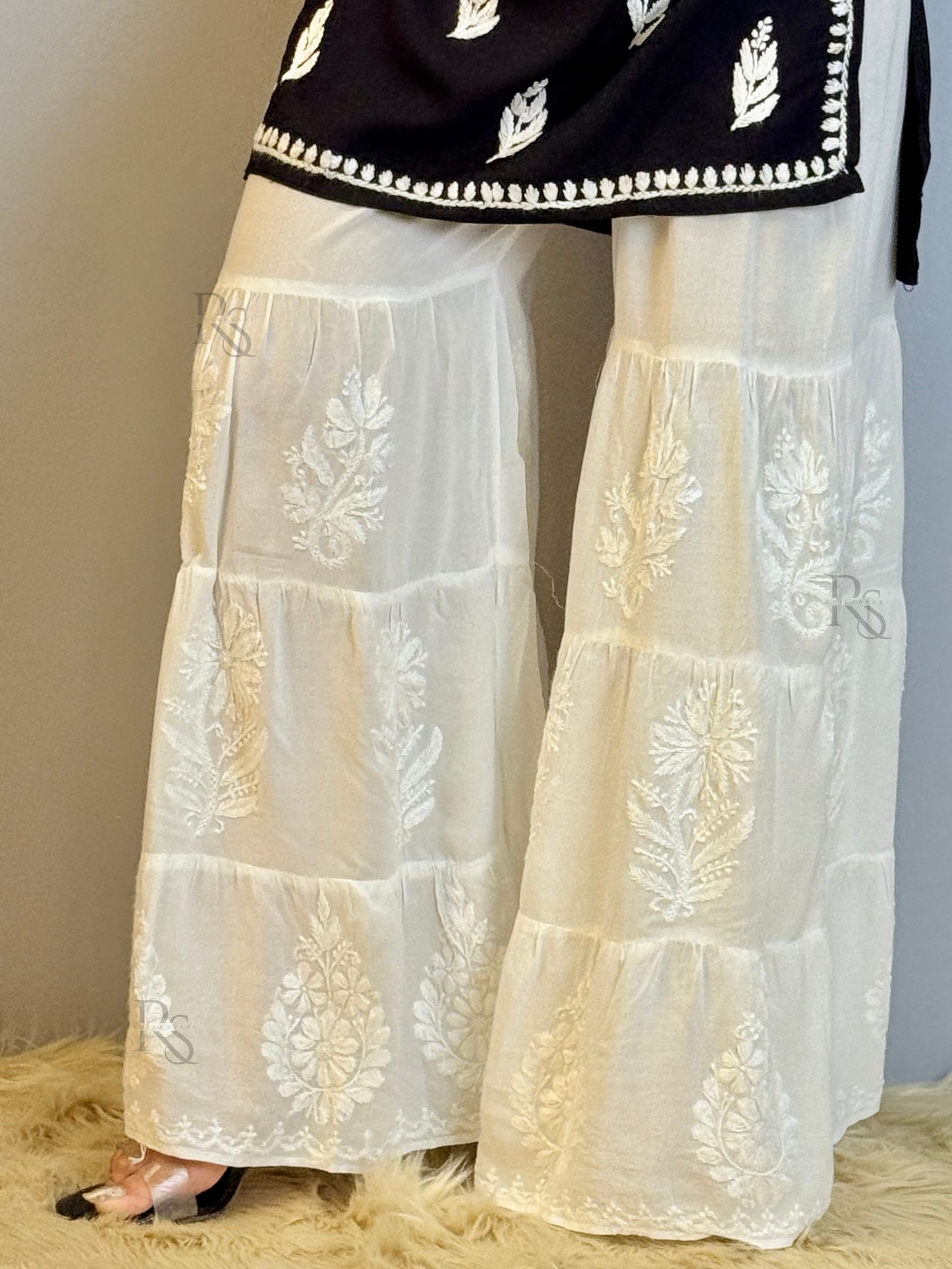 White modal 3-step sharara with hand Chikankari embroidery – bottom wear