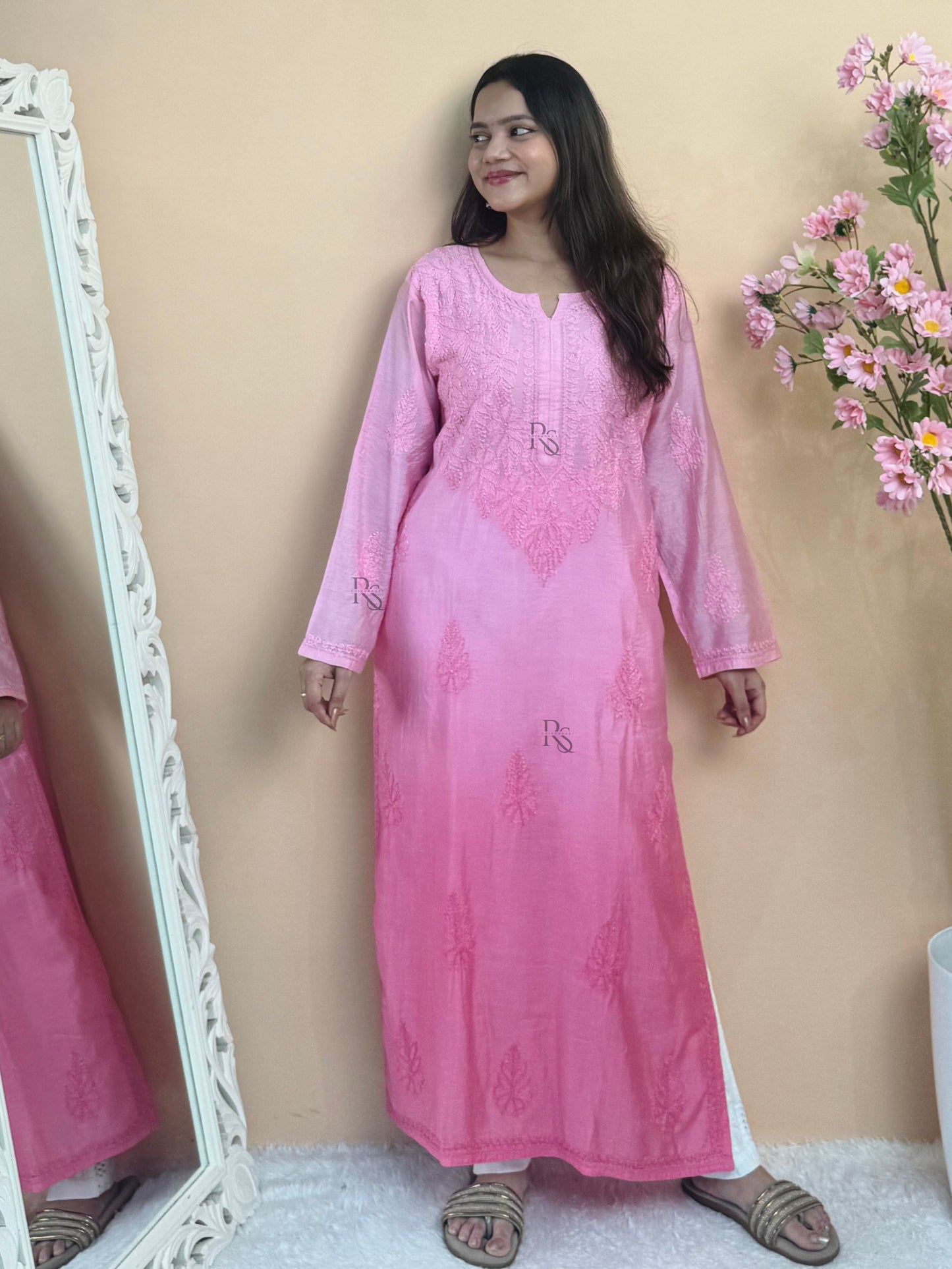 Pink chanderi chikankari kurta with bakhiya hand embroidery, Lucknow craft