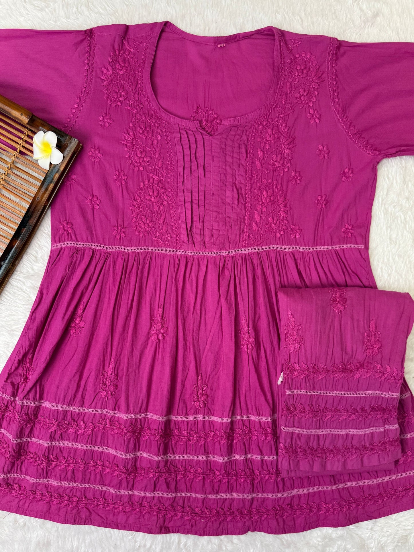 Magenta cotton short flair chikankari kurta with non-stretch pant and hand embroidery