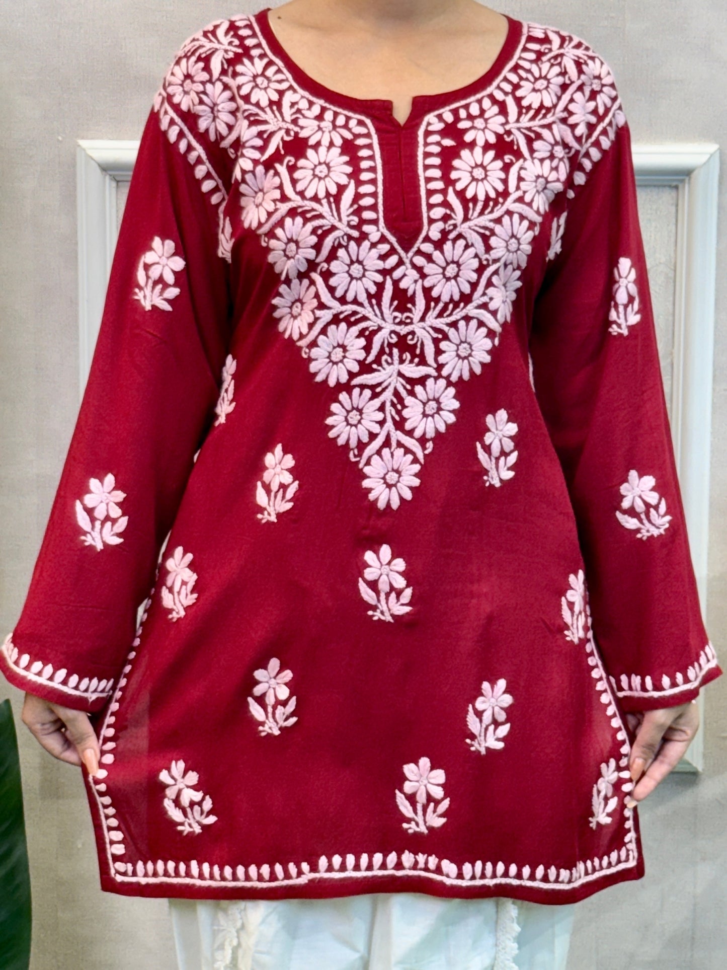 Maroon Lucknow Chikankari short kurta in modal fabric with white hand embroidery