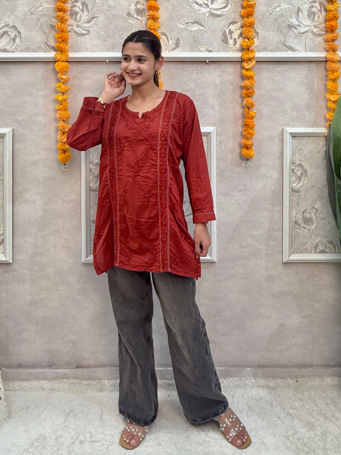 Maroon cotton short chikankari kurta with hand embroidery and both side pockets