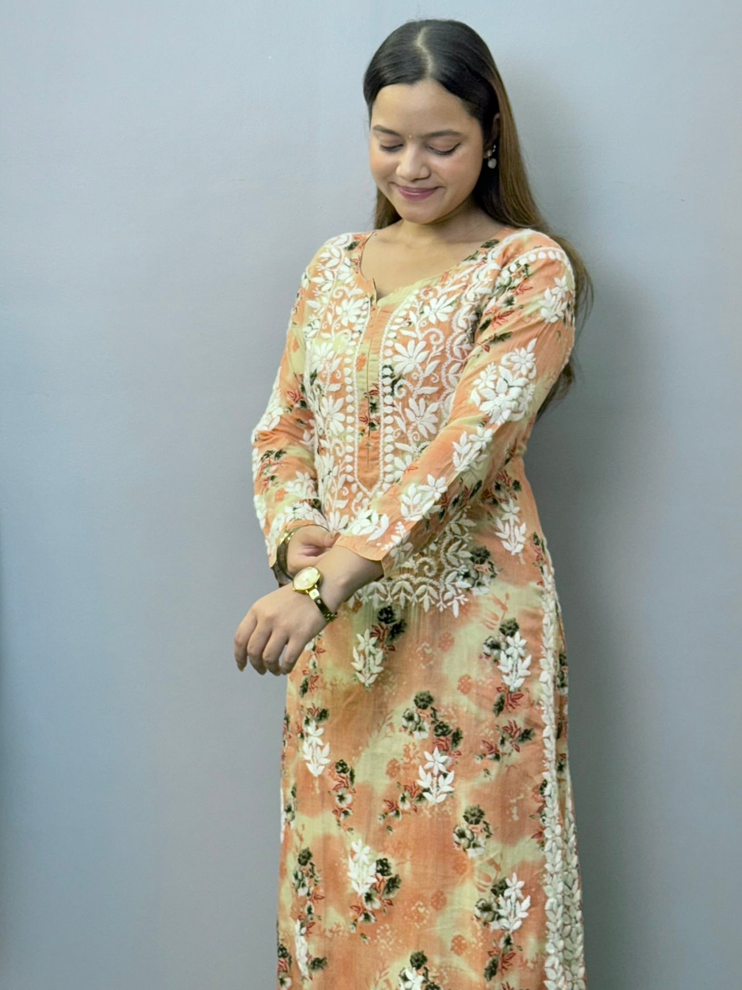 Peach floral printed mulmul chikankari kurta palazzo set with hand embroidery