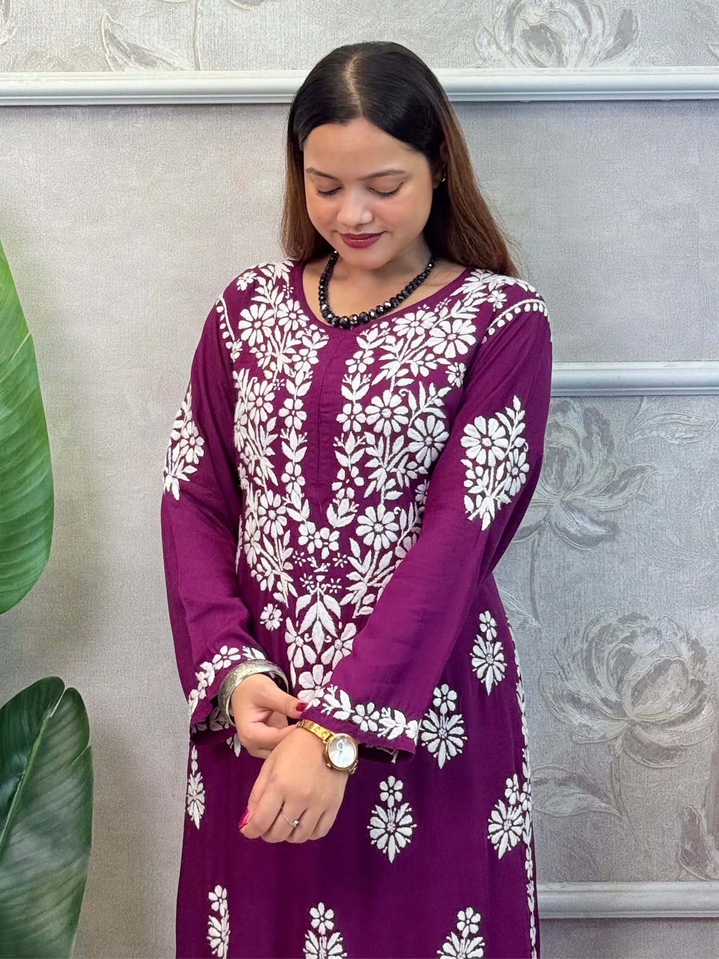 Lucknow Chikankari Plum Purple Modal Kurta Palazzo Set – Premium Hand Embroidery