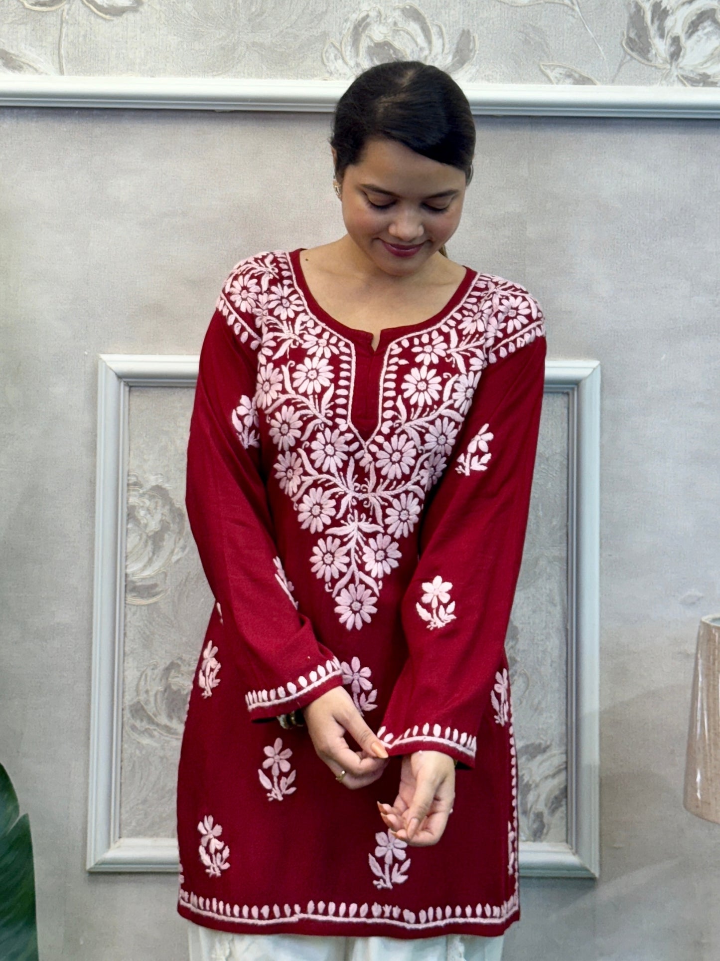 Maroon Lucknow Chikankari short kurta in modal fabric with white hand embroidery