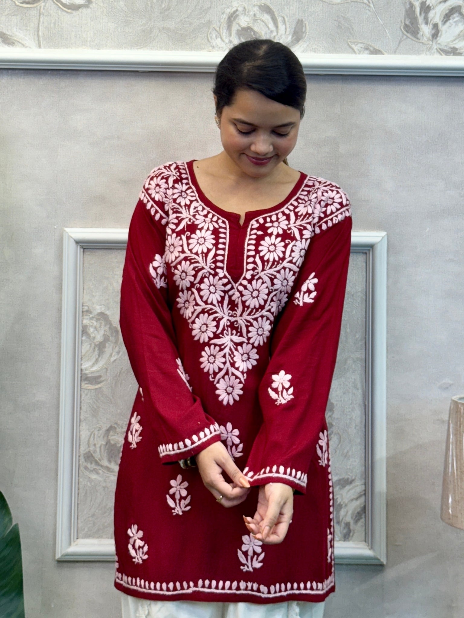 Maroon Lucknow Chikankari short kurta in modal fabric with white hand embroidery