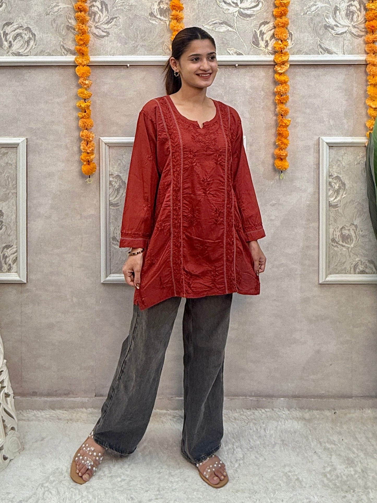 Maroon cotton short chikankari kurta with hand embroidery and both side pockets
