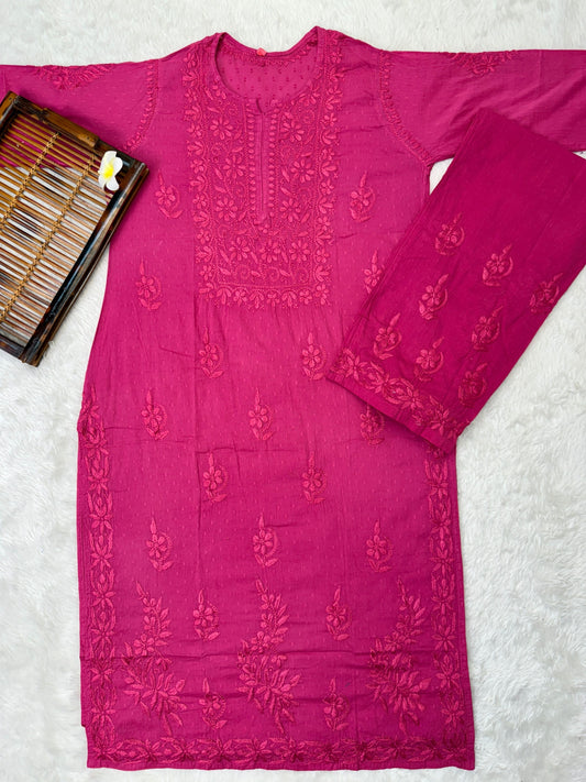 Rani pink dobby cotton chikankari kurta with matching palazzo set hand embroidery