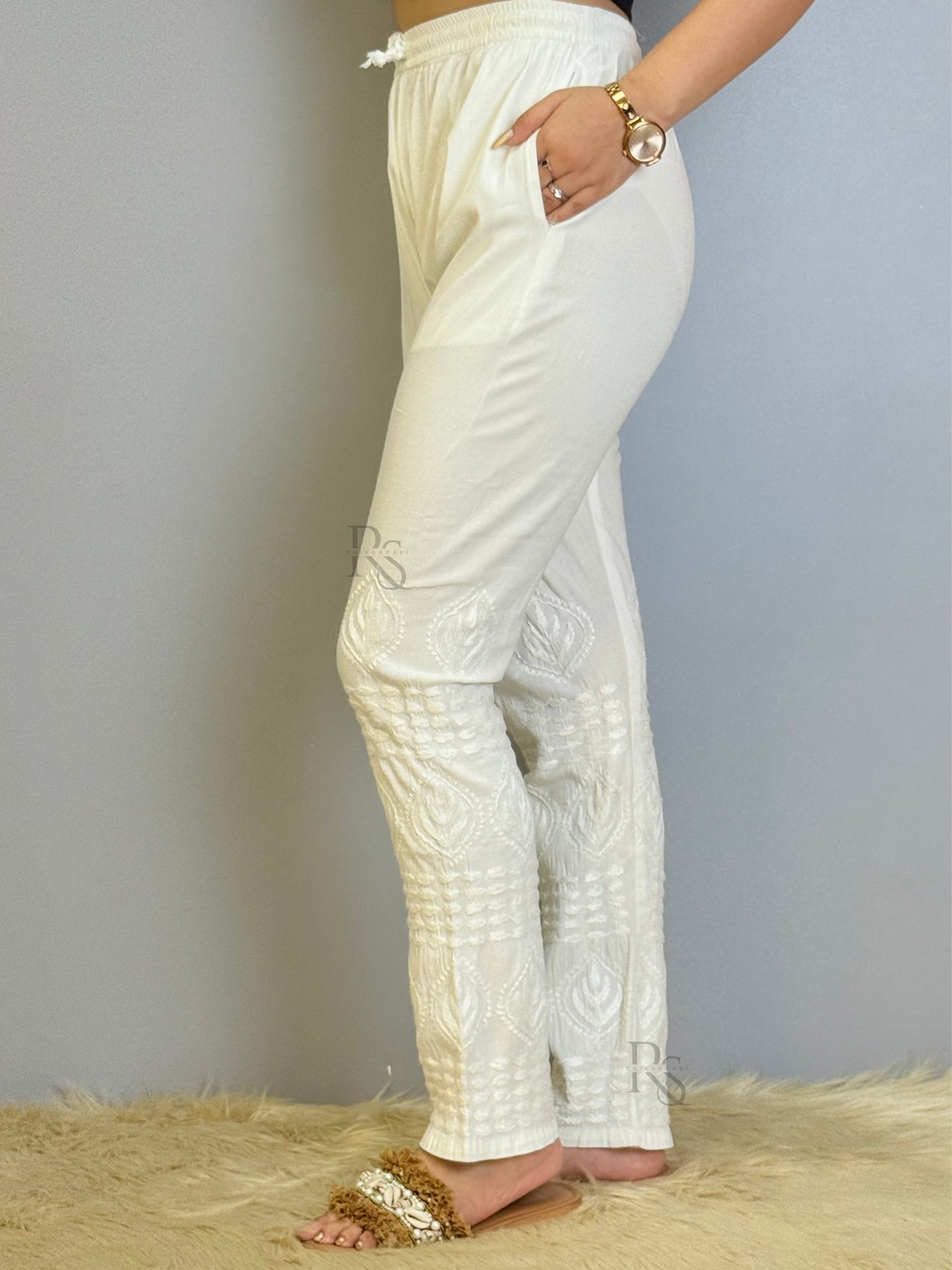 White cotton chikankari bottom with premium embroidery and side pocket