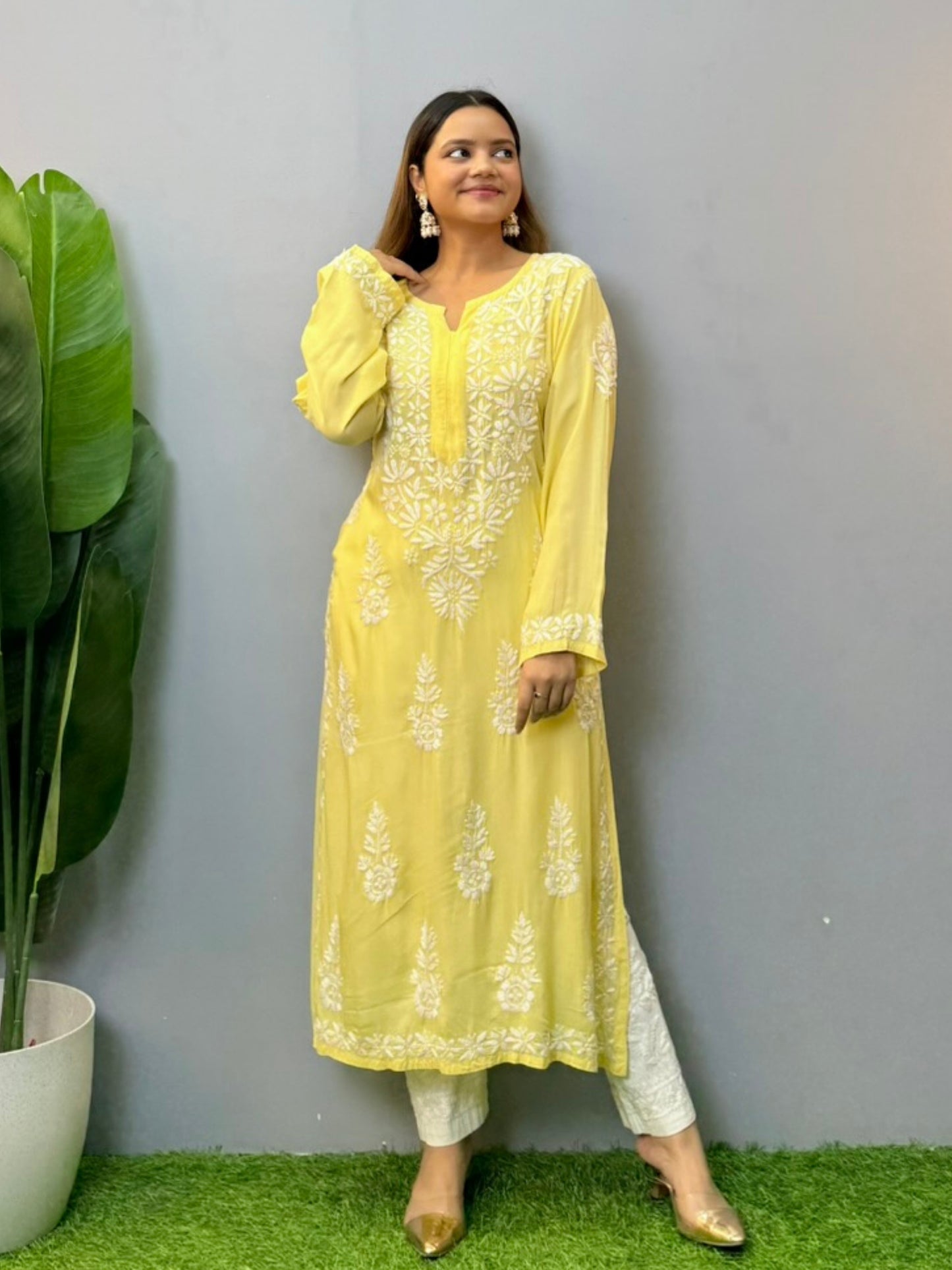 Lemon yellow modal fabric Lucknowi Chikankari kurta with white hand embroidery, casual wear