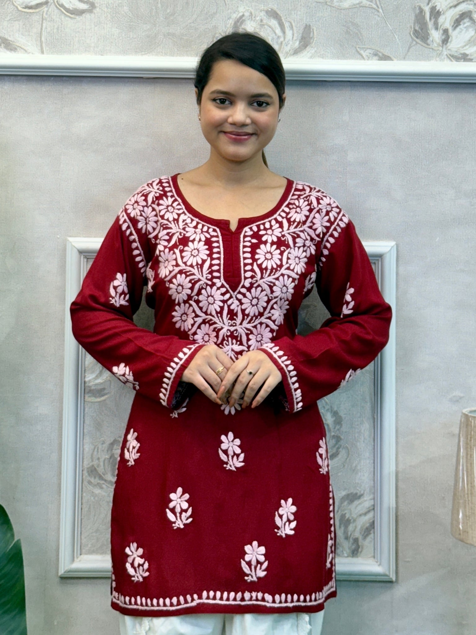 Maroon Lucknow Chikankari short kurta in modal fabric with white hand embroidery