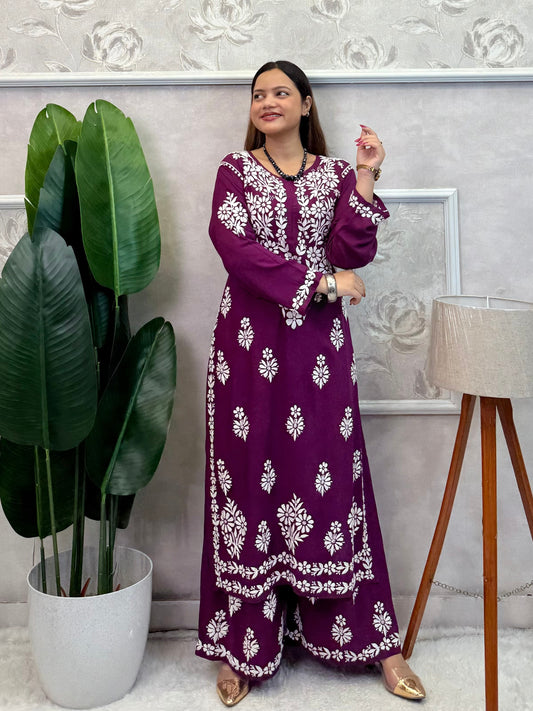 Lucknow Chikankari Plum Purple Modal Kurta Palazzo Set – Premium Hand Embroidery