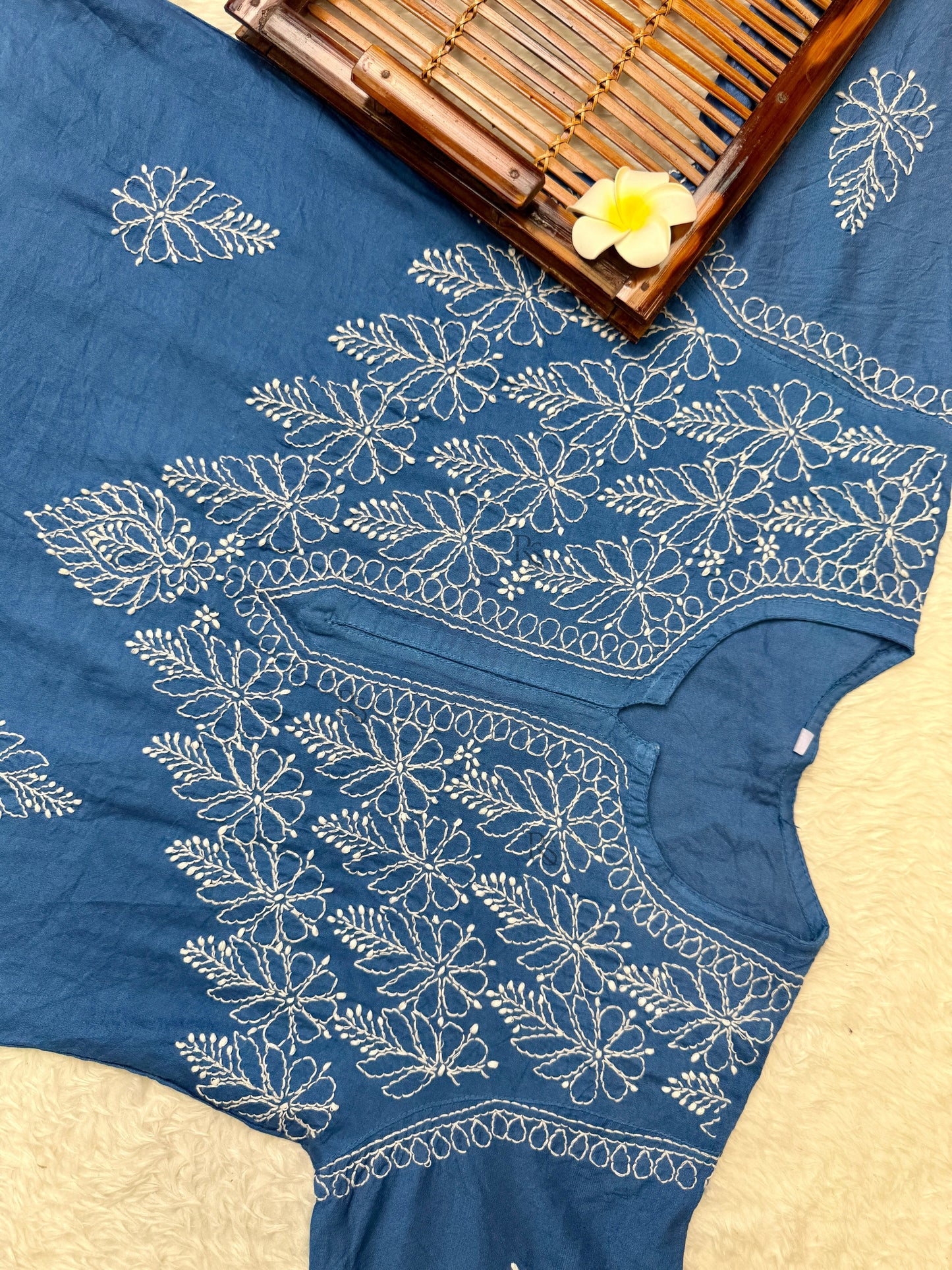 Blue Lucknow chikankari chanderi kurta and pant set with hand embroidery