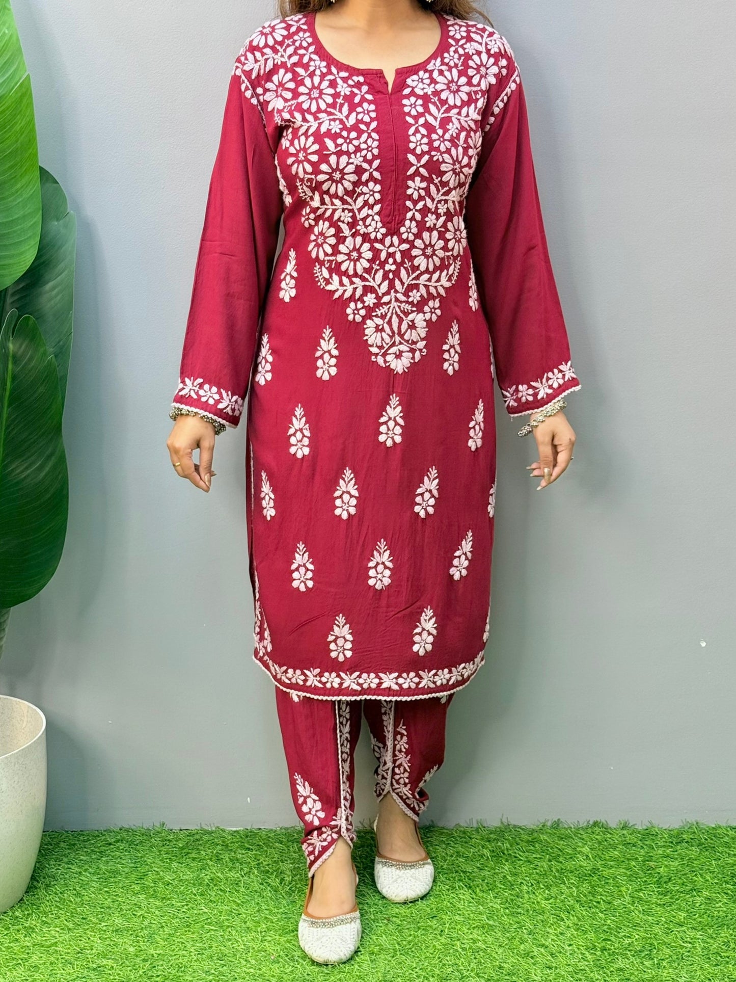 Wine red rayon chikankari kurta with matching embroidered dhoti pants and white hand embroidery