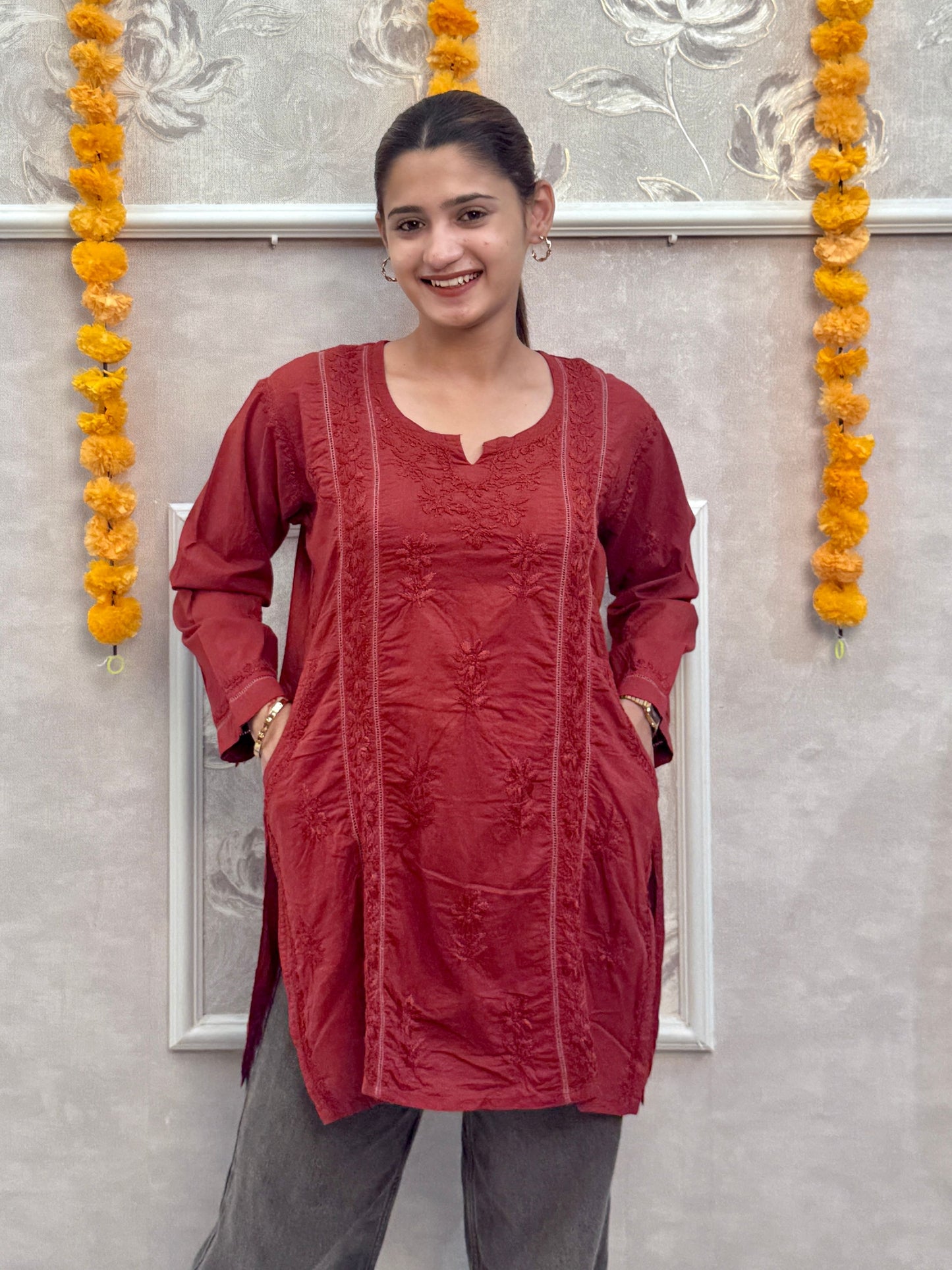 Maroon cotton short chikankari kurta with hand embroidery and both side pockets