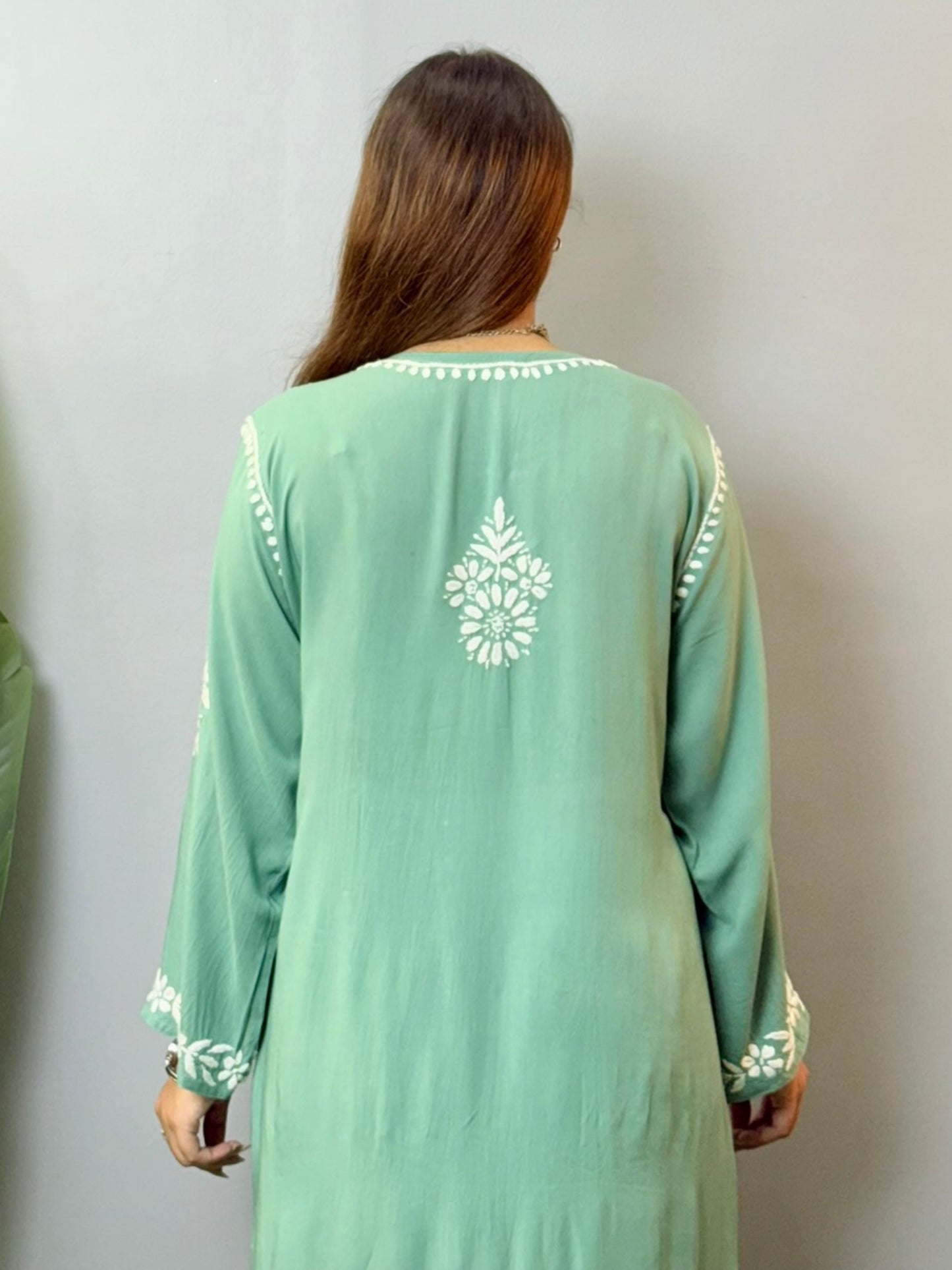 Sage green modal Chikankari kurta with white floral hand embroidery, perfect for summer wear