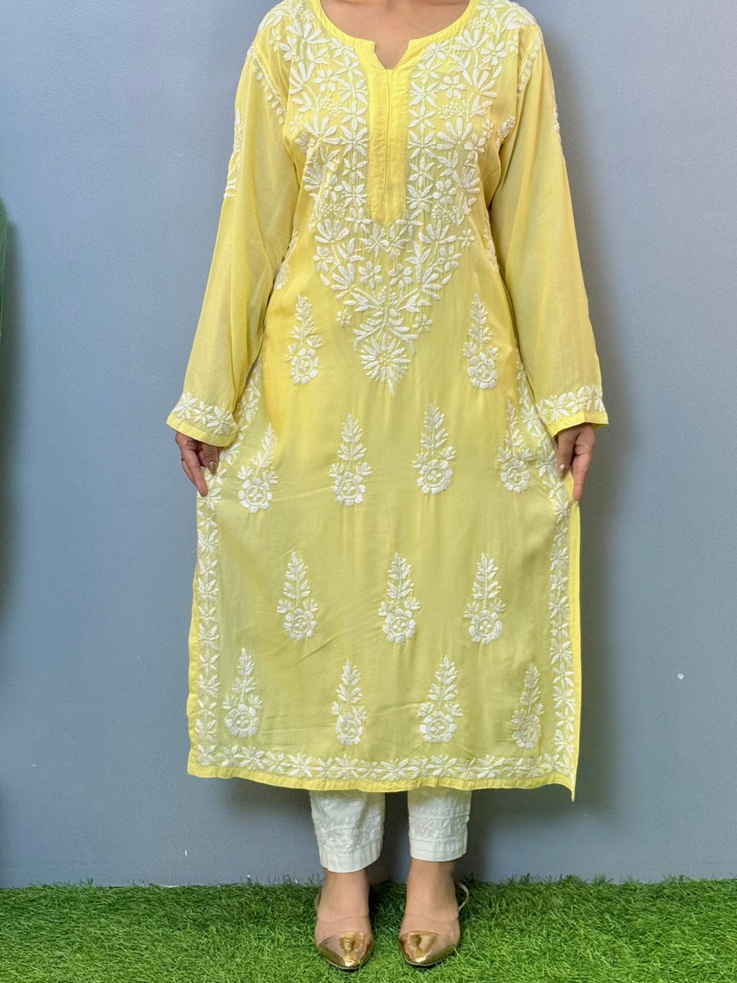Lemon yellow modal fabric Lucknowi Chikankari kurta with white hand embroidery, casual wear