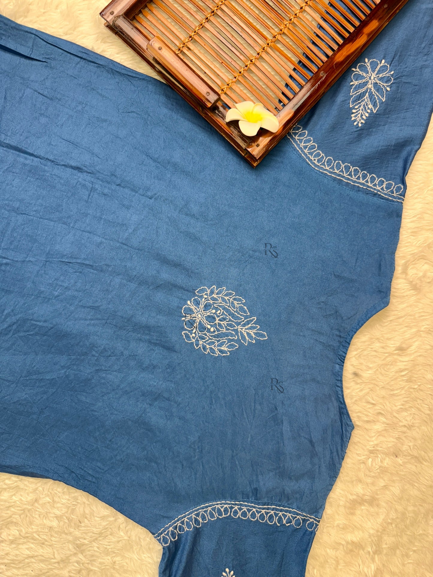Blue Lucknow chikankari chanderi kurta and pant set with hand embroidery