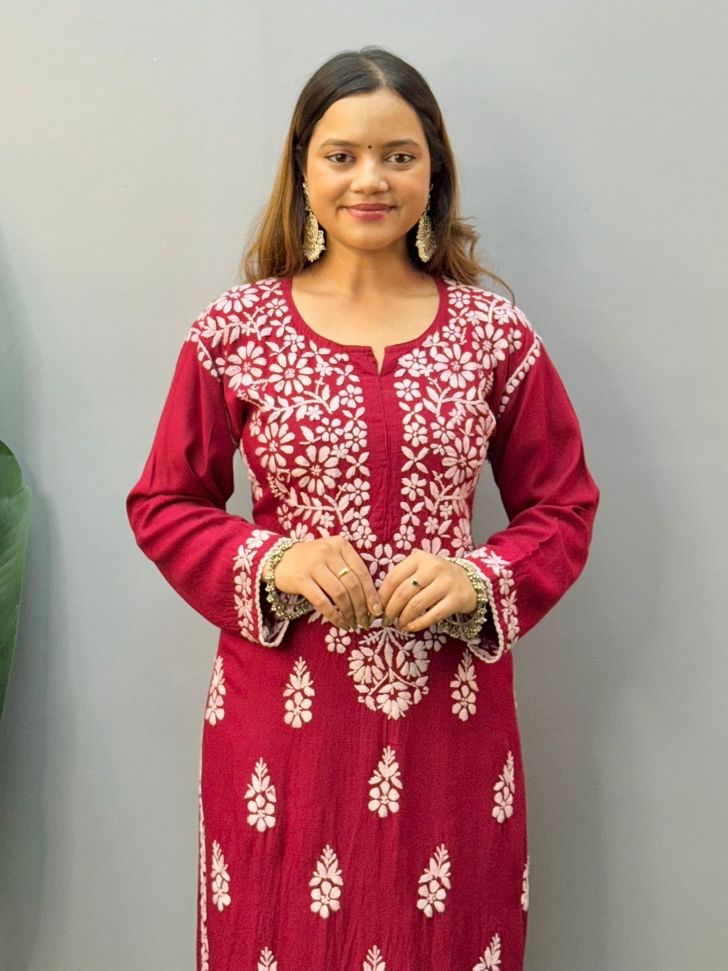 Wine red rayon chikankari kurta with matching embroidered dhoti pants and white hand embroidery