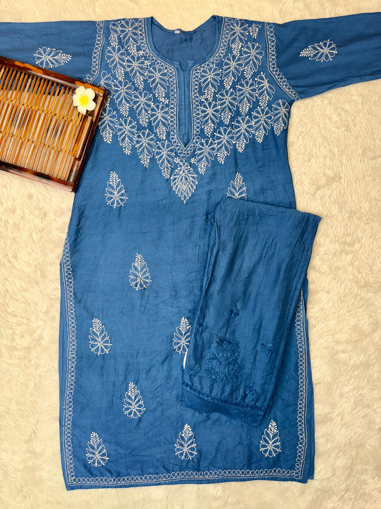 Blue Lucknow chikankari chanderi kurta and pant set with hand embroidery