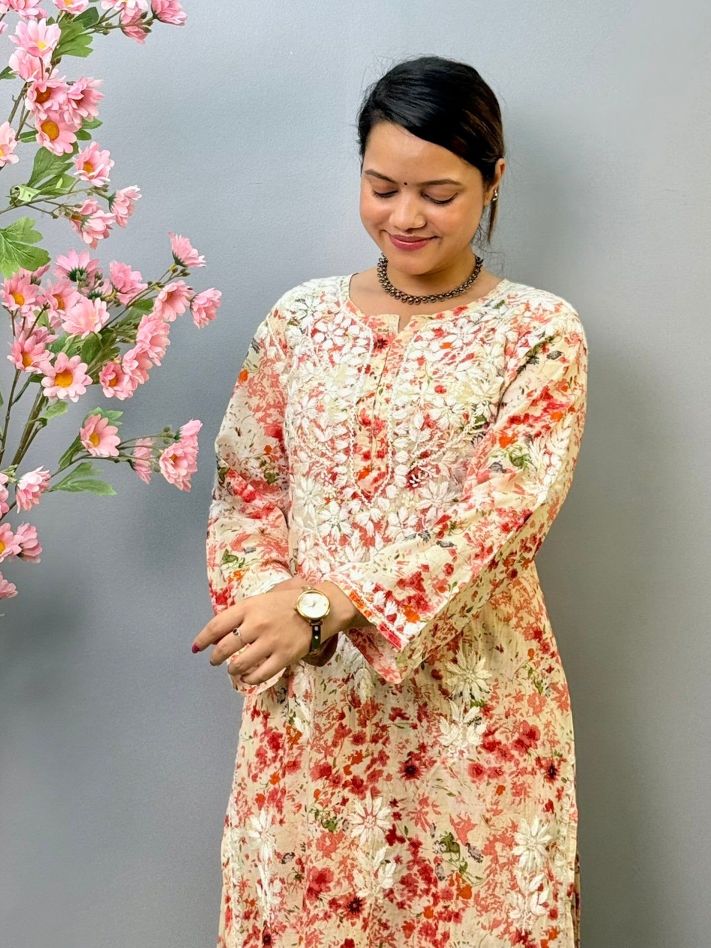 Red floral printed mulmul Chikankari kurta and palazzo set with hand embroidery for women