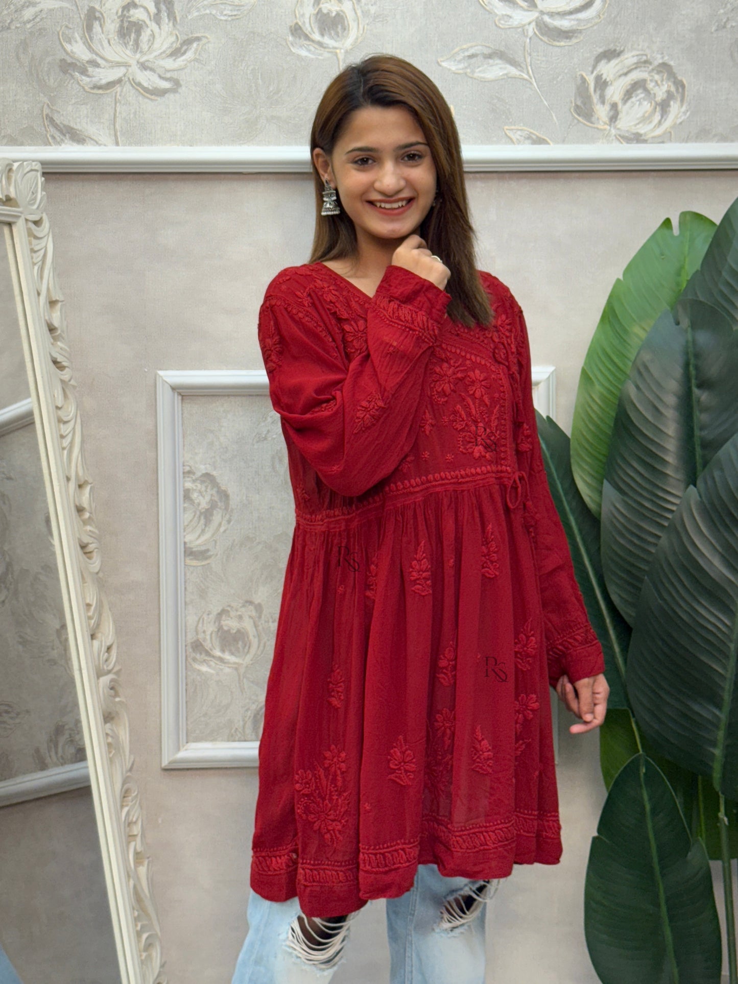 Red viscose chikankari short angrakha style kurta with hand embroidery.