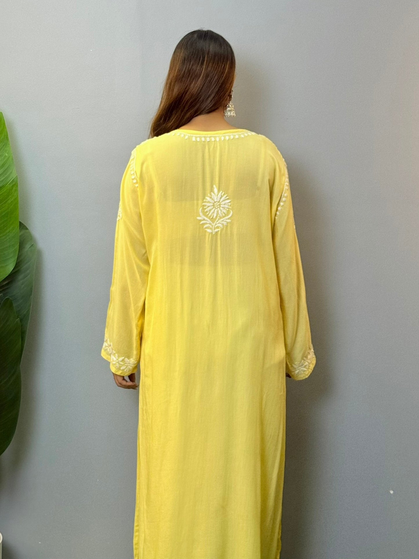 Lemon yellow modal fabric Lucknowi Chikankari kurta with white hand embroidery, casual wear