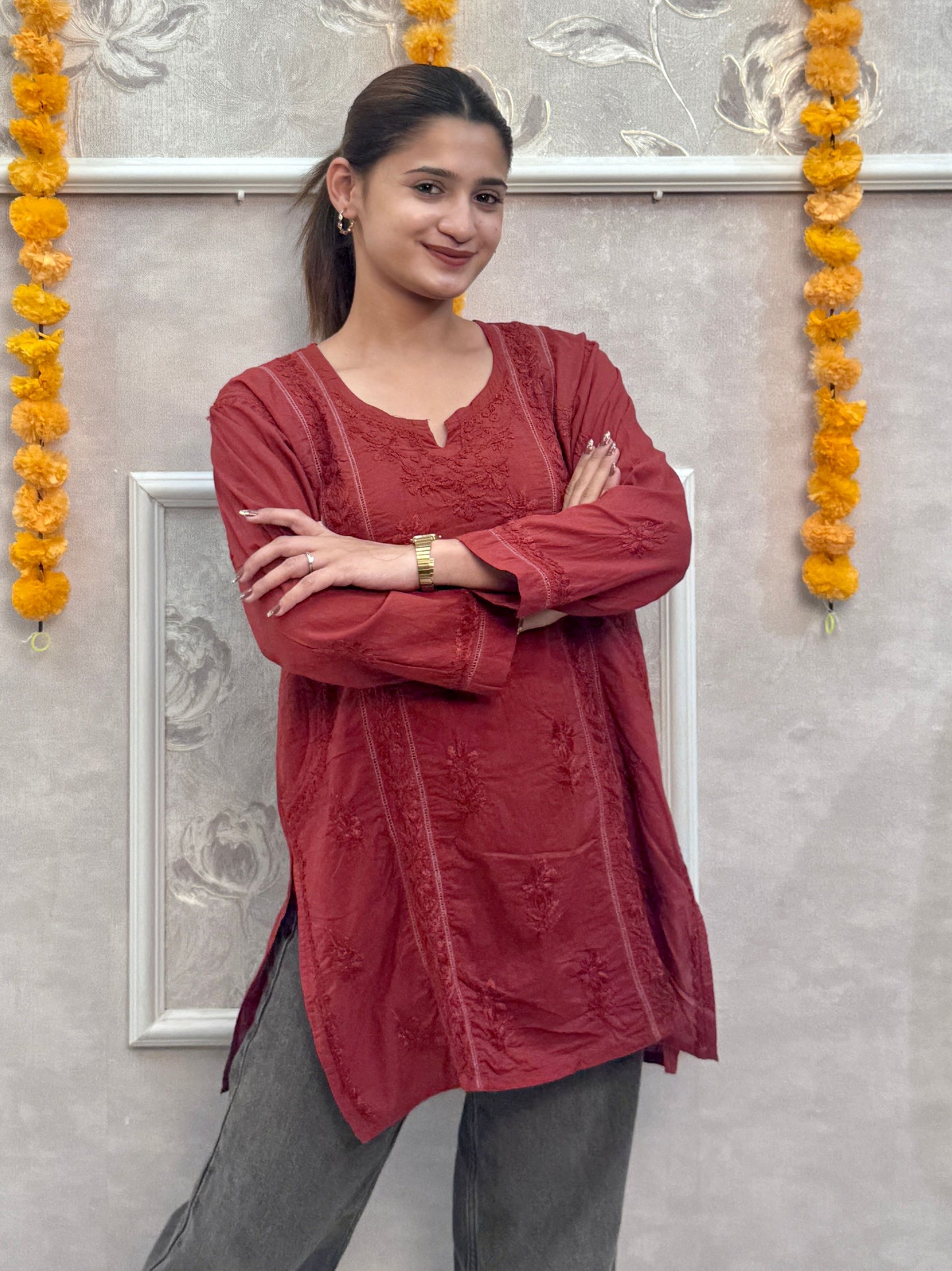 Maroon cotton short chikankari kurta with hand embroidery and both side pockets