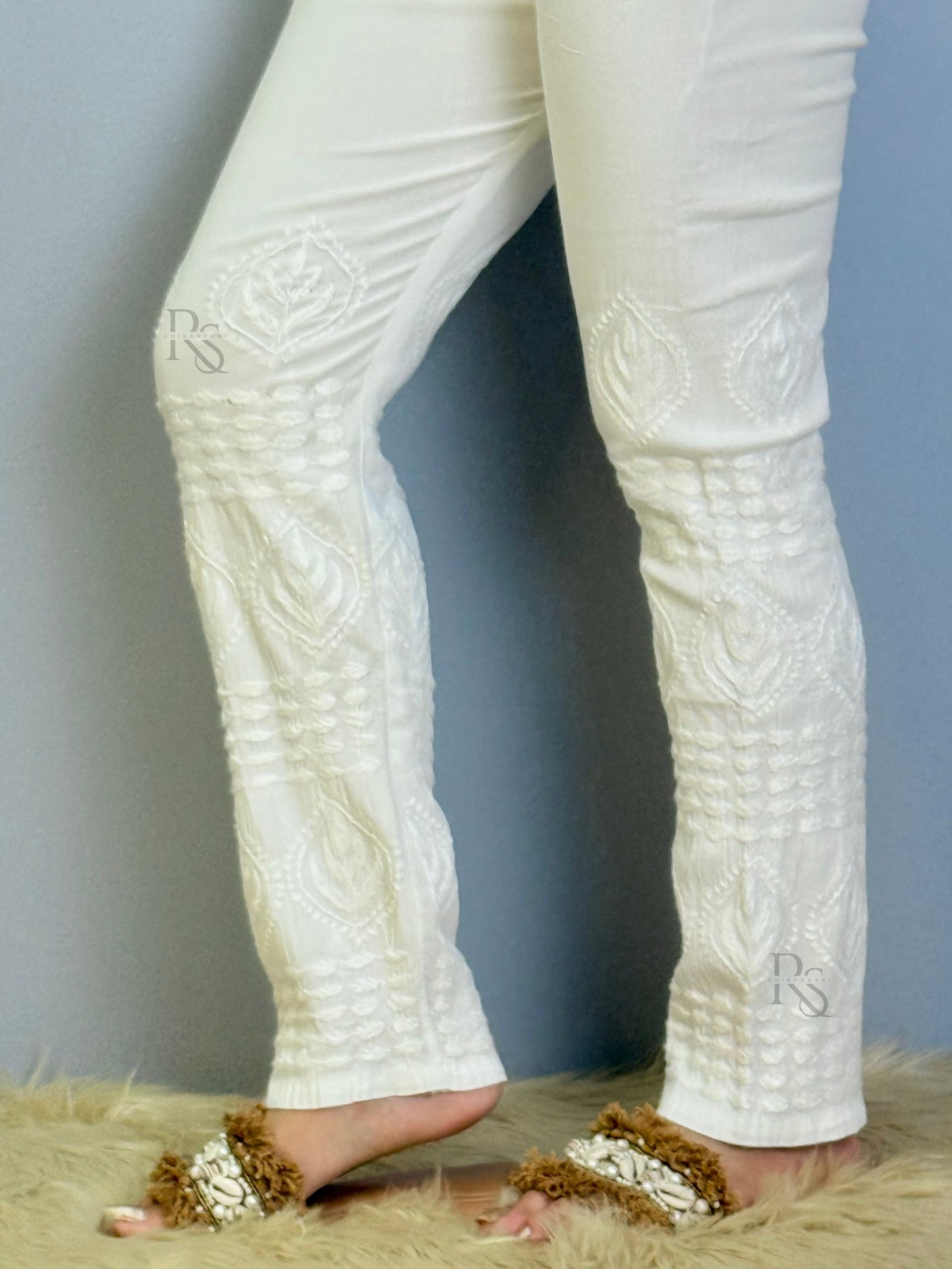 White cotton chikankari bottom with premium embroidery and side pocket