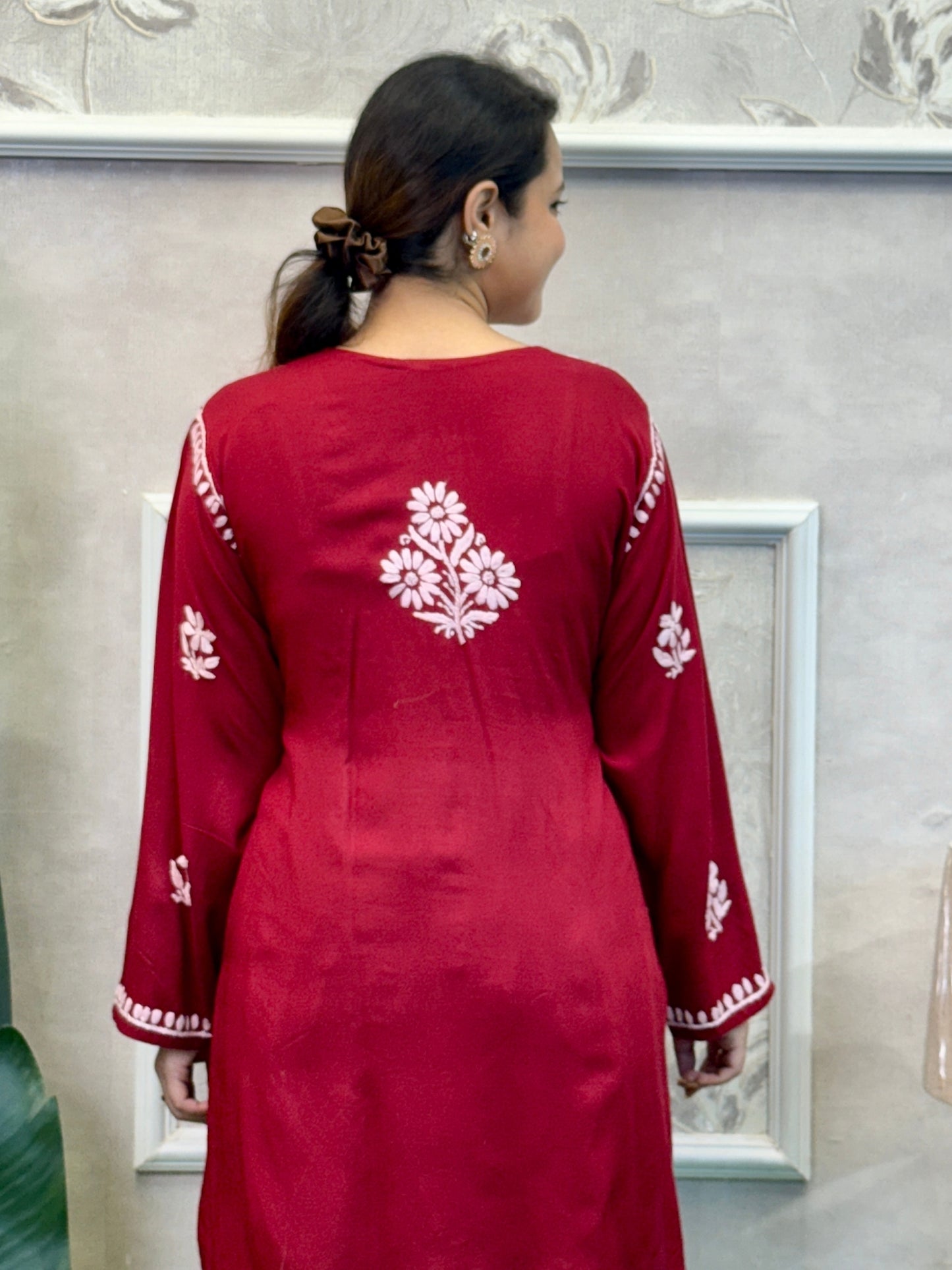 Maroon Lucknow Chikankari short kurta in modal fabric with white hand embroidery