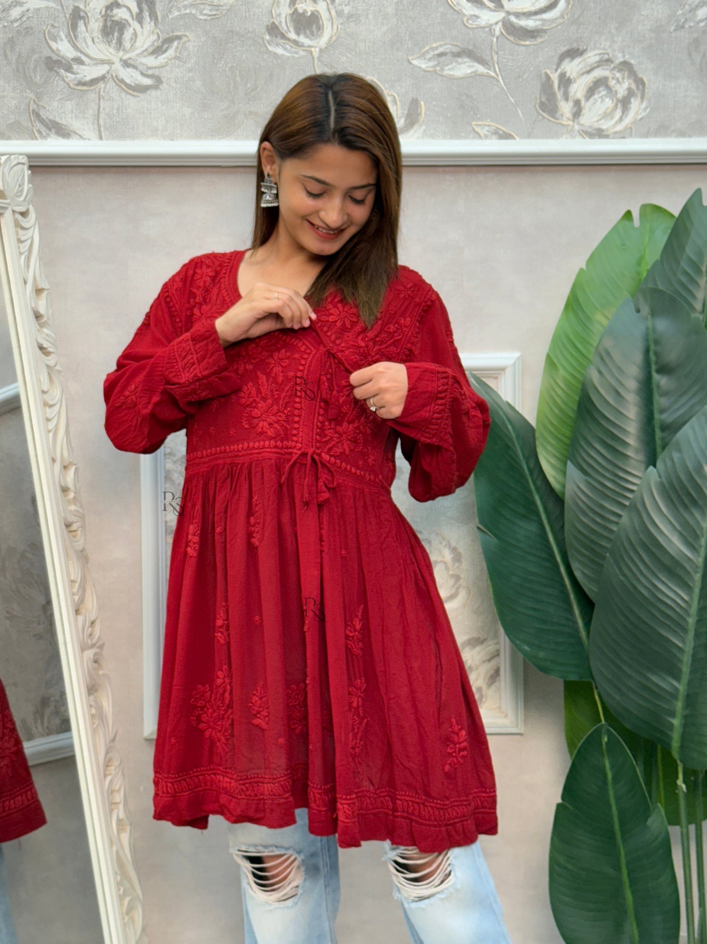 Red viscose chikankari short angrakha style kurta with hand embroidery.