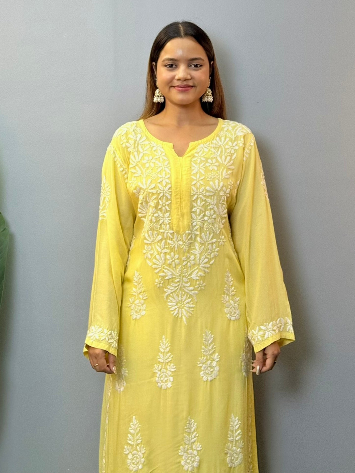 Lemon yellow modal fabric Lucknowi Chikankari kurta with white hand embroidery, casual wear