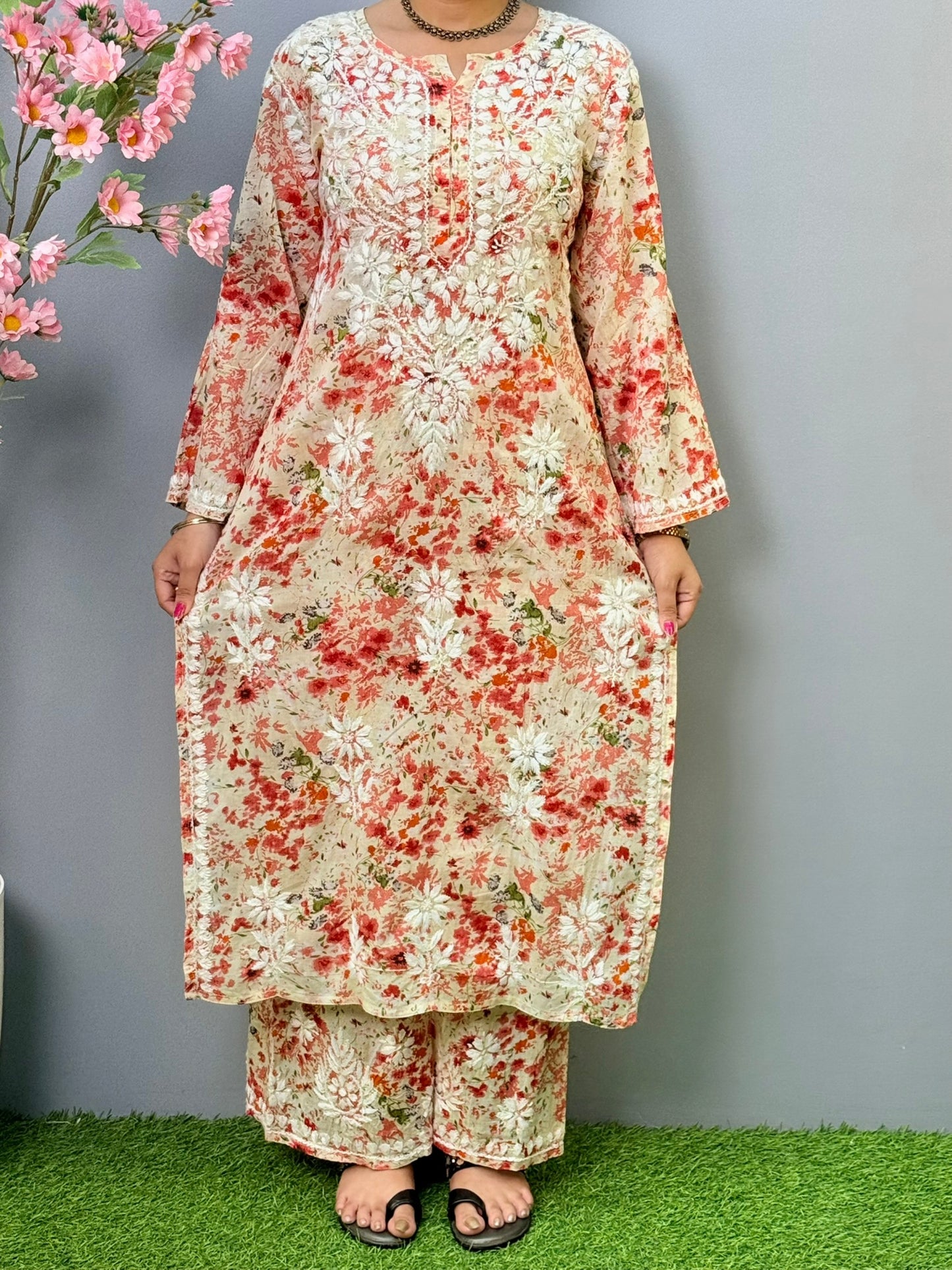 Red floral printed mulmul Chikankari kurta and palazzo set with hand embroidery for women