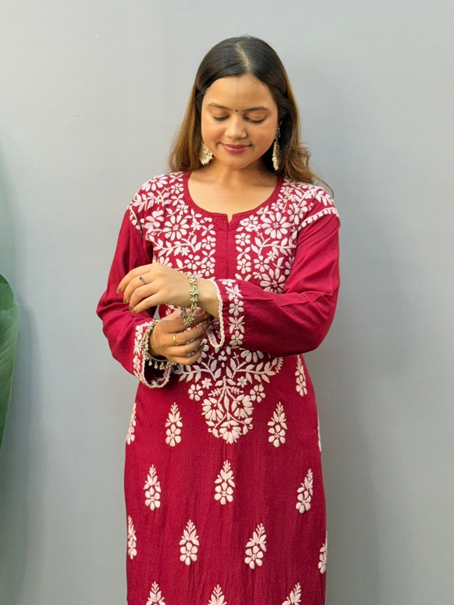 Wine red rayon chikankari kurta with matching embroidered dhoti pants and white hand embroidery