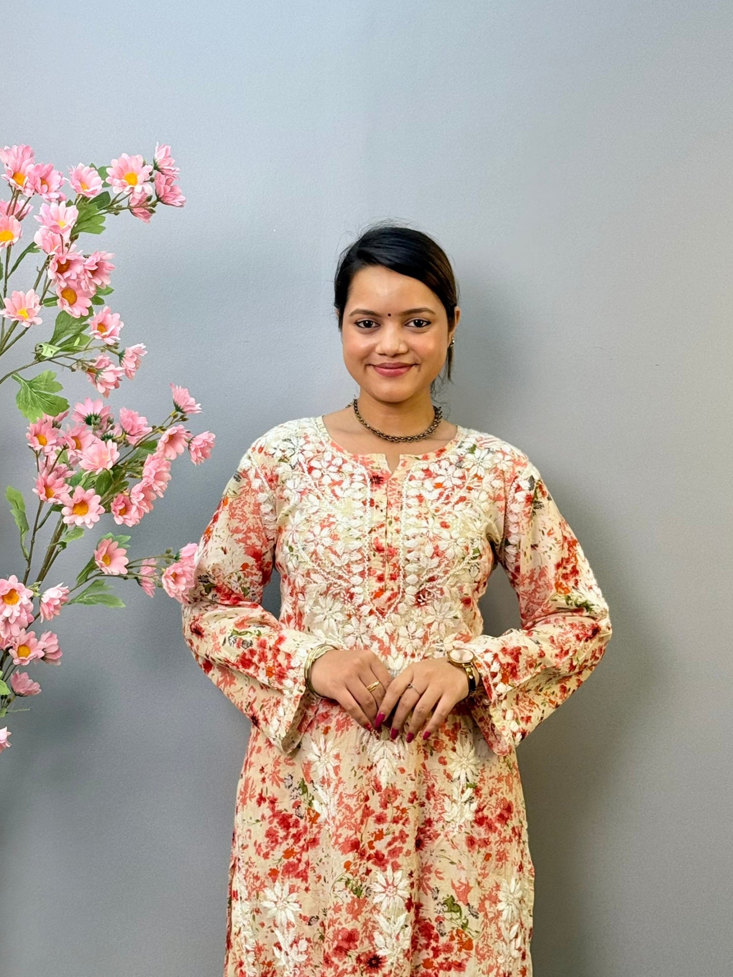 Red floral printed mulmul Chikankari kurta and palazzo set with hand embroidery for women