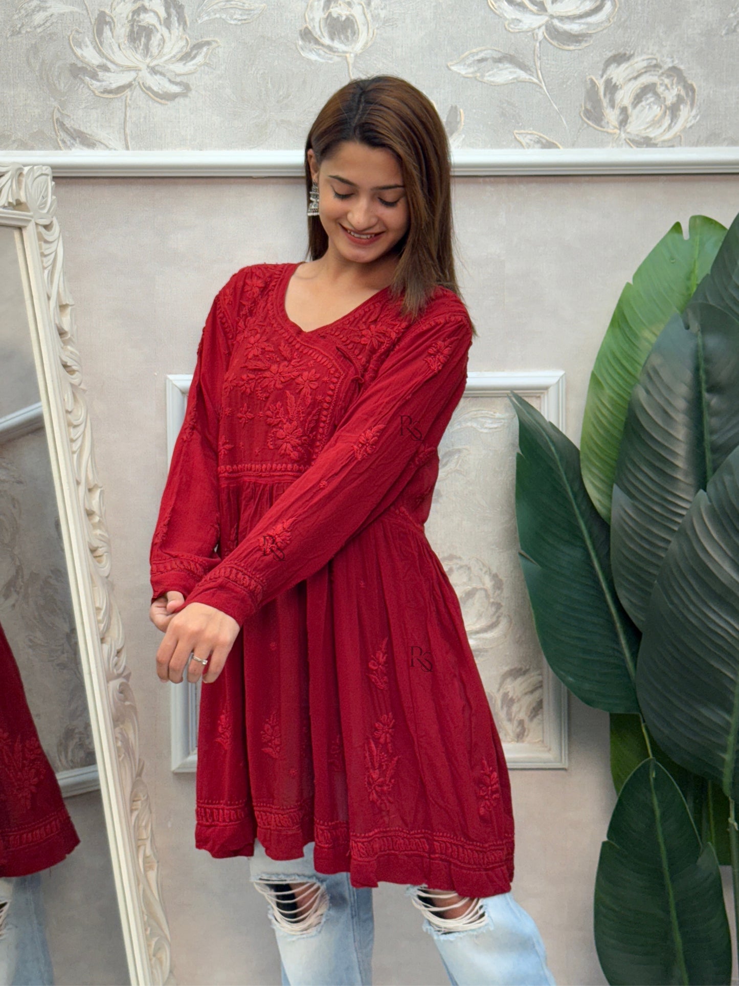 Red viscose chikankari short angrakha style kurta with hand embroidery.