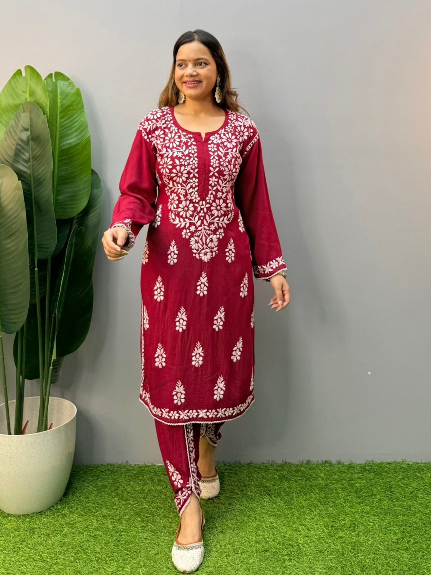 Wine red rayon chikankari kurta with matching embroidered dhoti pants and white hand embroidery