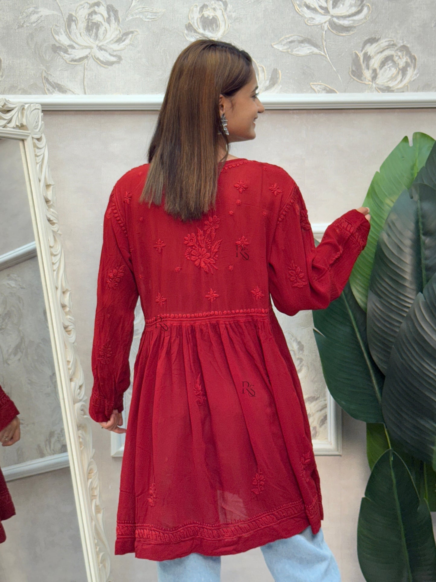 Red viscose chikankari short angrakha style kurta with hand embroidery.