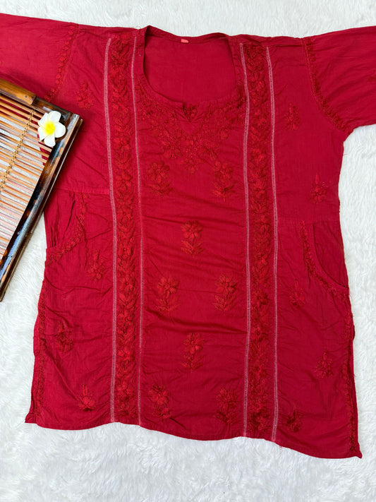 Lucknow Chikankari Cotton Short Kurta with Both Side Pockets β Crimson Red Hand Embroidered