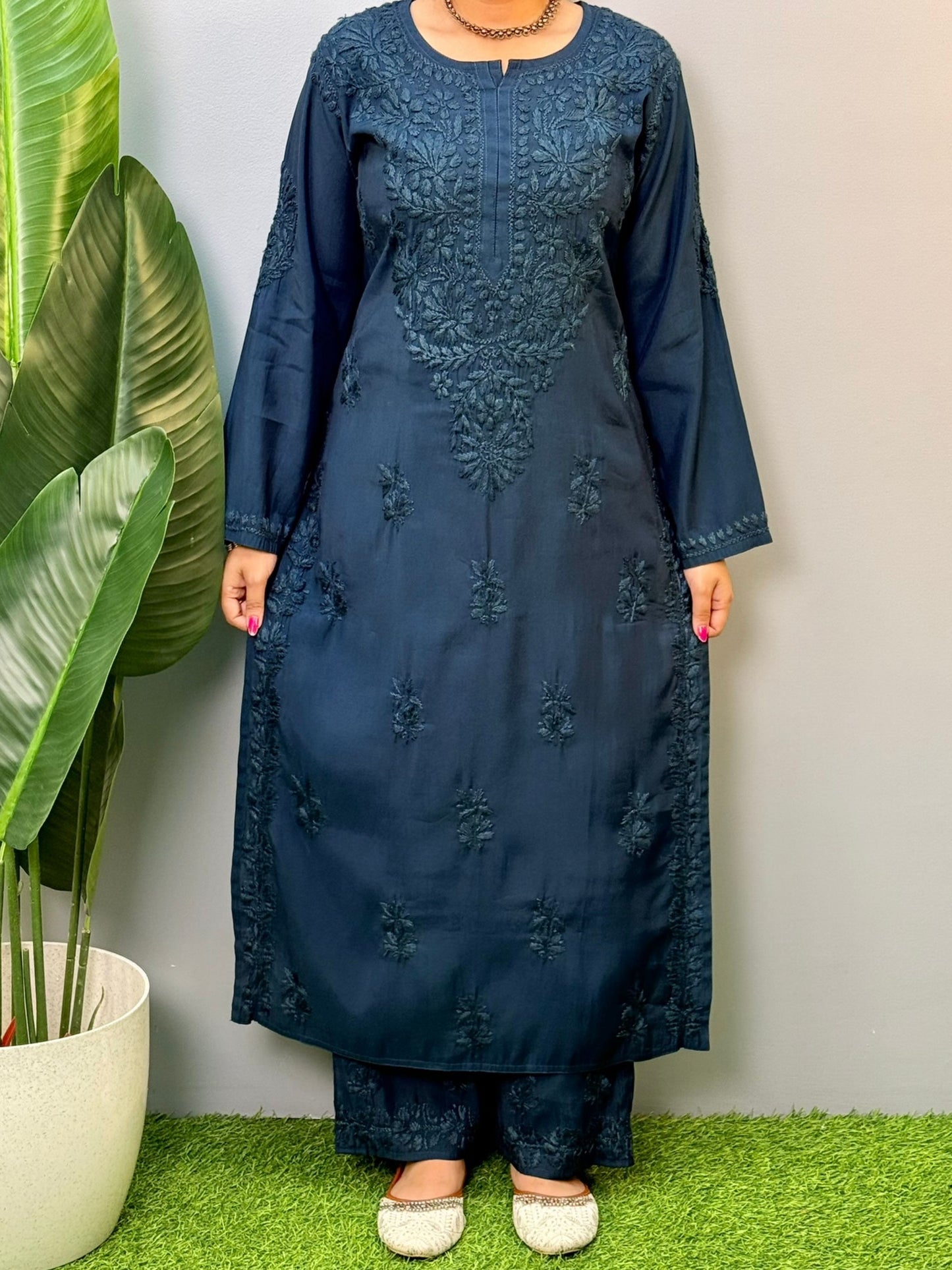 Navy blue Roman silk chikankari kurta and palazzo set with premium hand embroidery