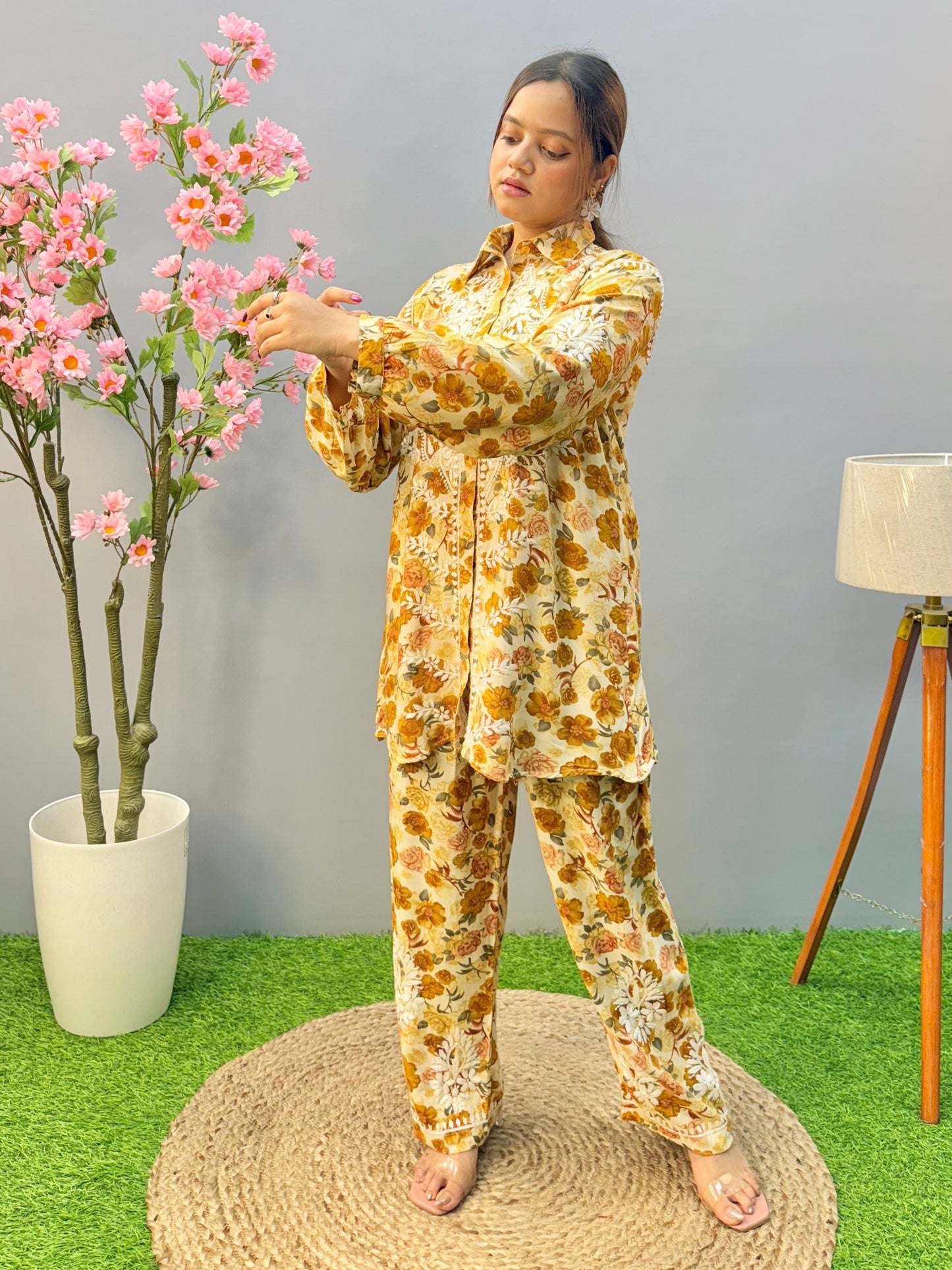 Printed Mustard Rayon Chikankari Co-ord Set