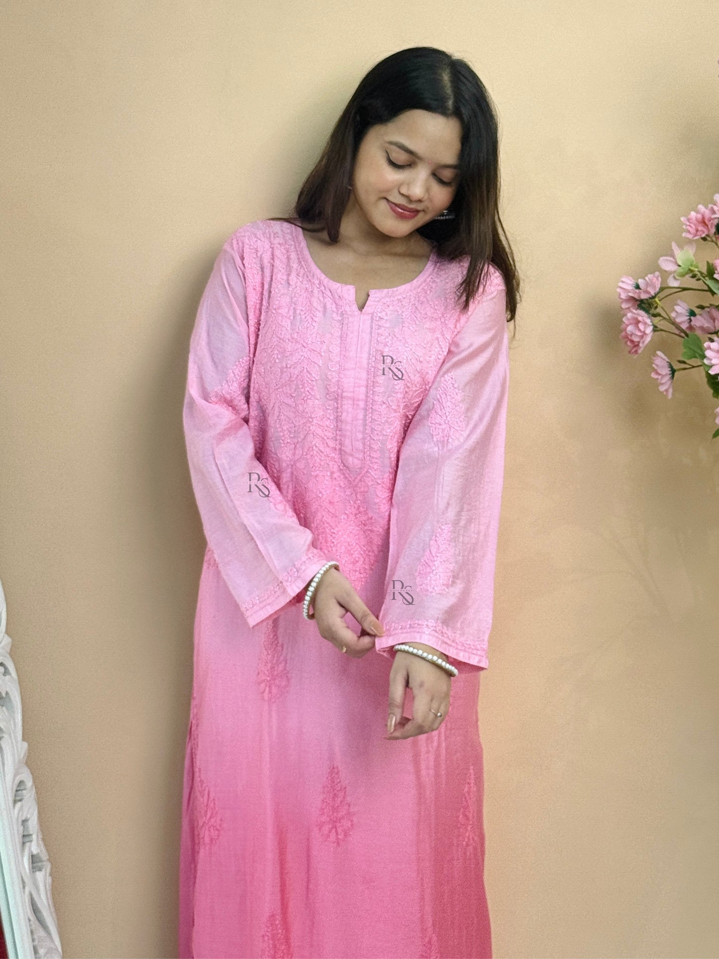 Pink chanderi chikankari kurta with bakhiya hand embroidery, Lucknow craft