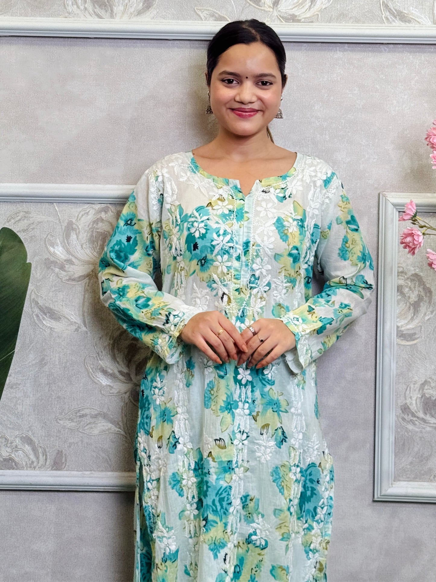 Lucknow Chikankari green floral printed mulmul kurta palazzo set with chiffon dupatta, hand embroidered and lightweight.