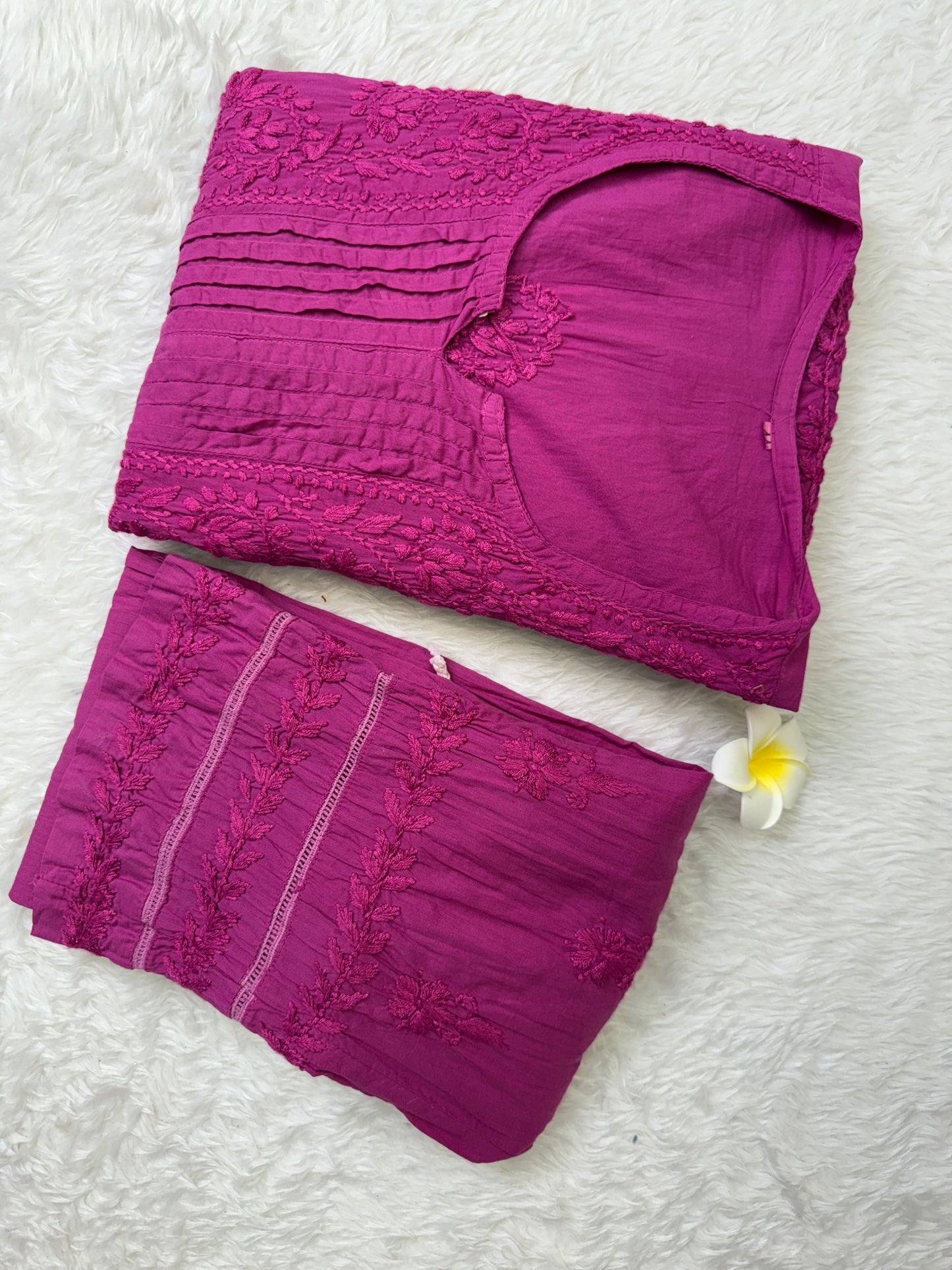 Magenta cotton short flair chikankari kurta with non-stretch pant and hand embroidery