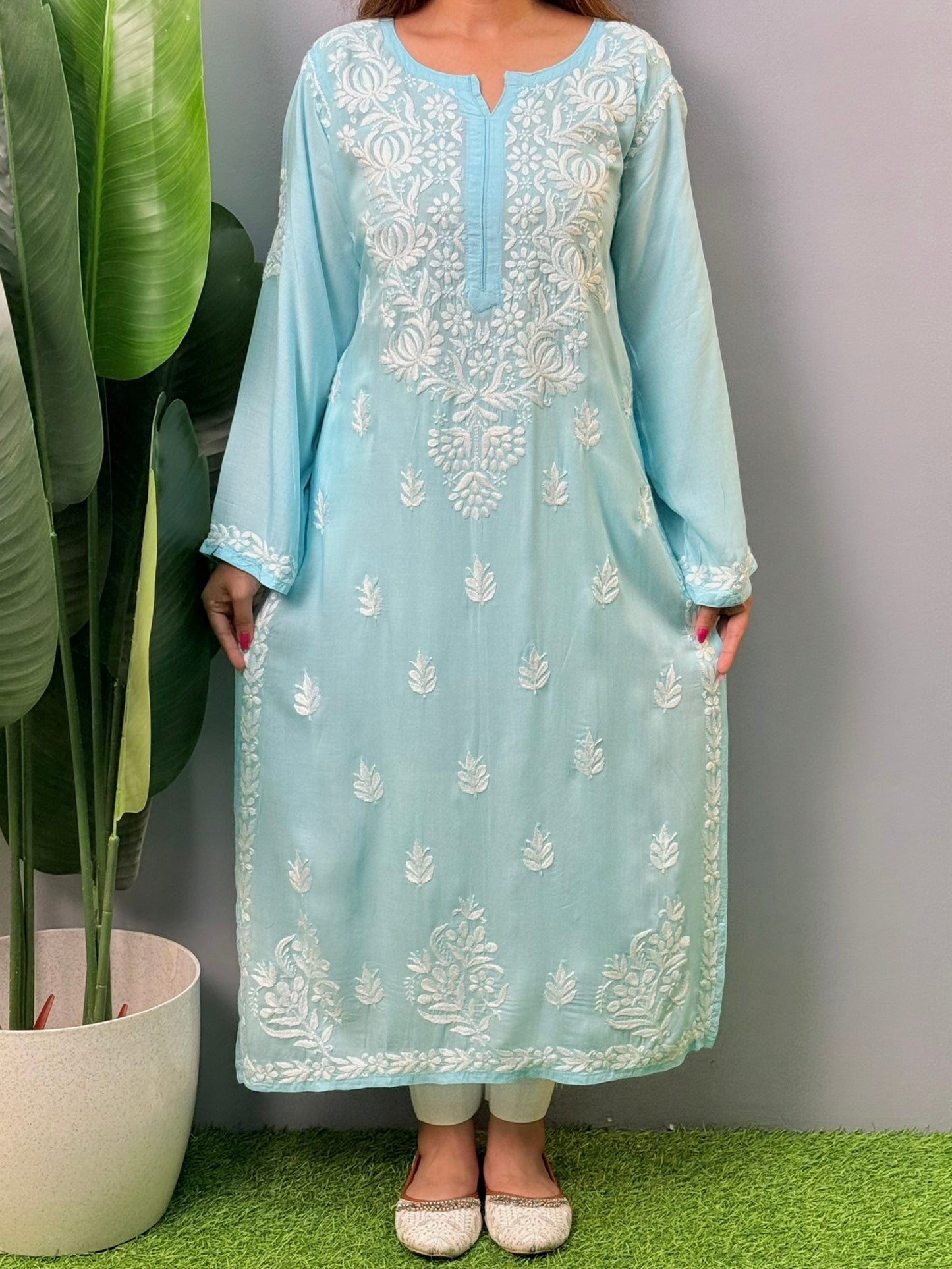 Powder blue modal Chikankari kurta with white hand embroidery – soft, elegant ethnic wear for women