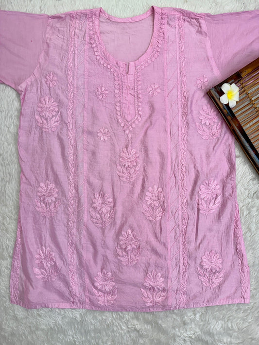 Baby pink Chanderi short kurta with hand-embroidered Lucknowi chikankari work