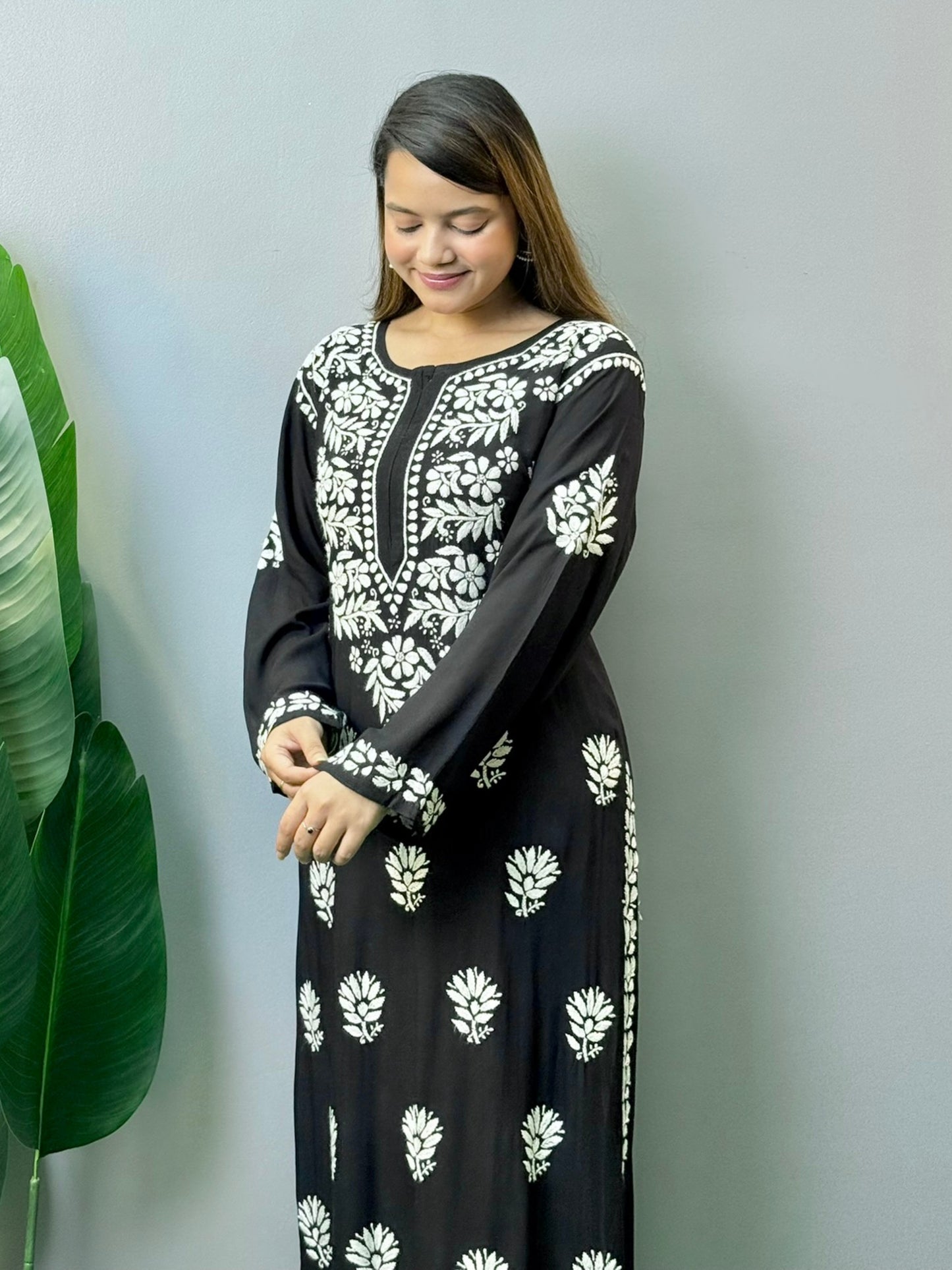 Black modal kurta with white Lucknowi Chikankari hand embroidery – soft and elegant ethnic wear for women