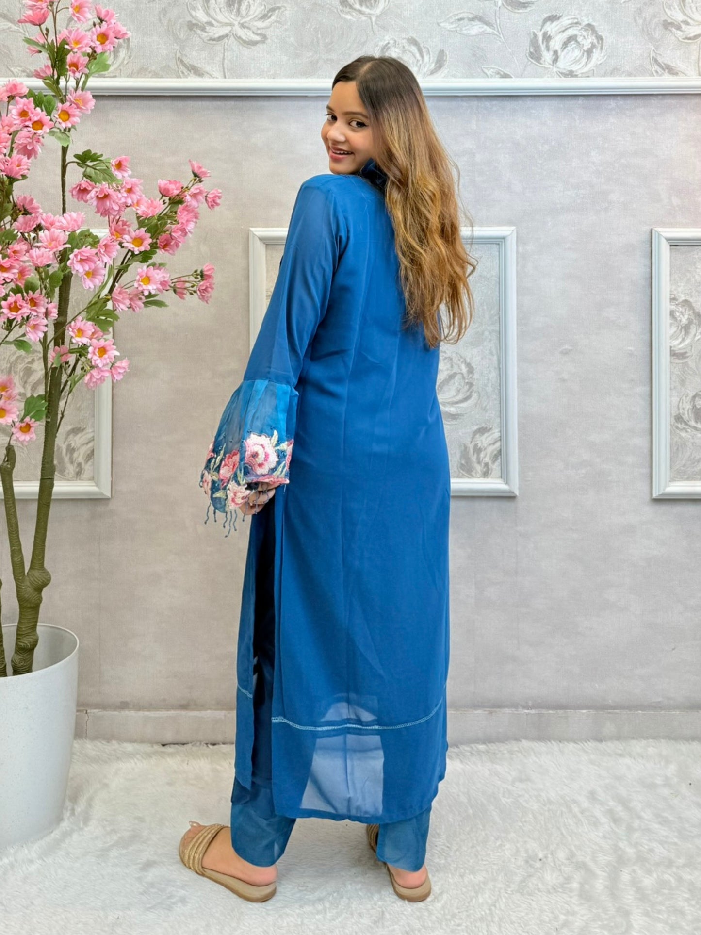 Midnight teal designer georgette kurta with floral embroidered organza sleeves and satin stretch pants